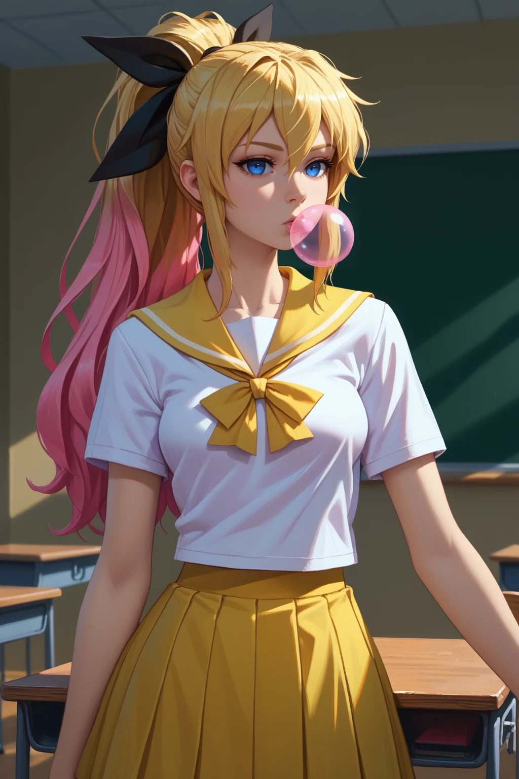 score_9, score_8_up, score_7_up, BREAK 1girl, solo, <lora:NSLillyKatawa:1> NSLillyMisc, blue eyes, blind, no pupils, blonde hair, long hair, ponytail, black hair ribbon, colored tips, pink hair, white shirt, yellow sailor collar, yellow skirt, short sleeves, bubblegum, classroom