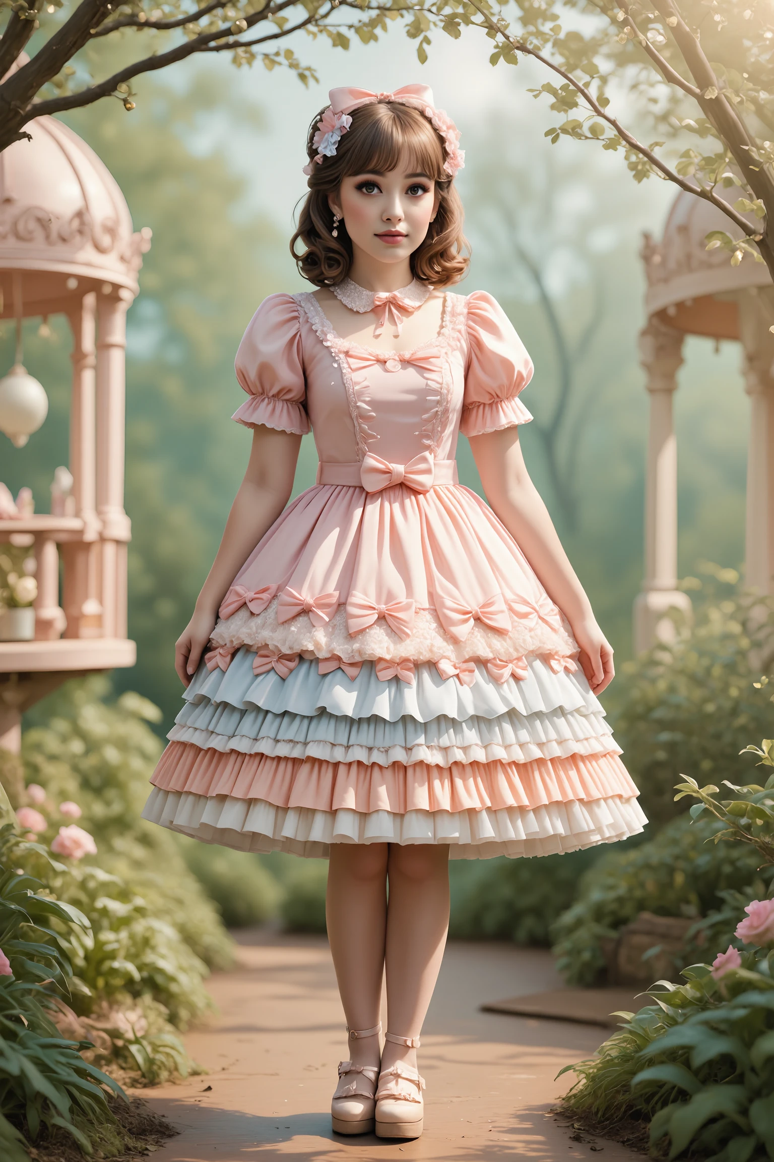 highly detailed (full body photograph) of a young woman wearing an extravagant soft pastel sweetegl dress with knee-length skirt, intricate lace, bows, and frills, voluminous skirt and puffy sleeves standing in a whimsical, fairy-tale-like garden with blooming flowers, twinkling fairy lights, charming gazebo in the background bathed in soft, dreamy light <lora:SweetLolitaFlux:0.8>.