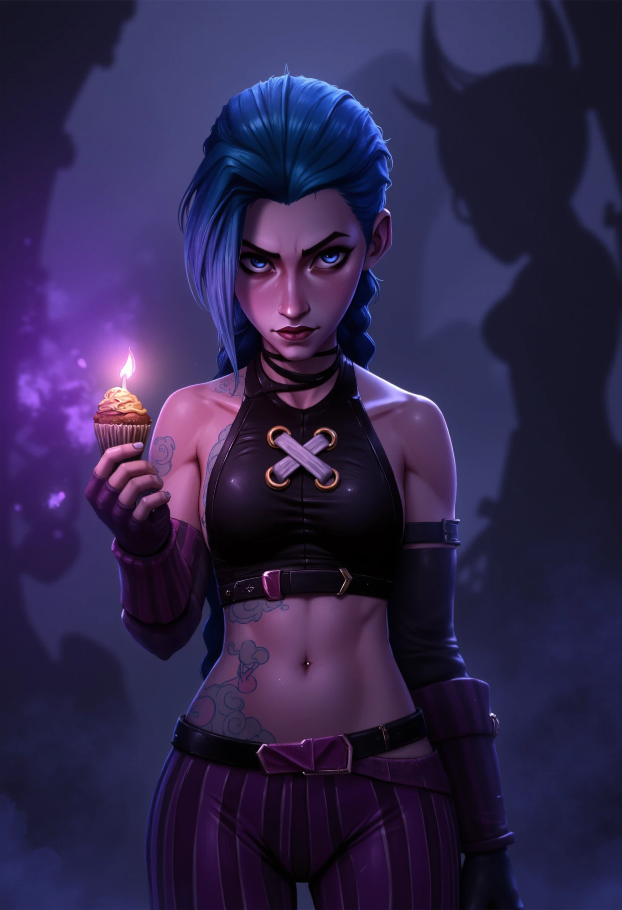 A futuristic, edgy animated jinx, wearing a revealing black crop top, fingerless gloves, striped purple pants, showcasing her toned physique. In her left hand, she casually holds a cupcake with a flickering candle, casting an eerie glow on her face. The dark, misty atmosphere is illuminated only by flashes of purple light, revealing silhouettes of mysterious structures or machinery looming in the background, adding to the sense of foreboding and mystery. <lora:jinxFlux:1>