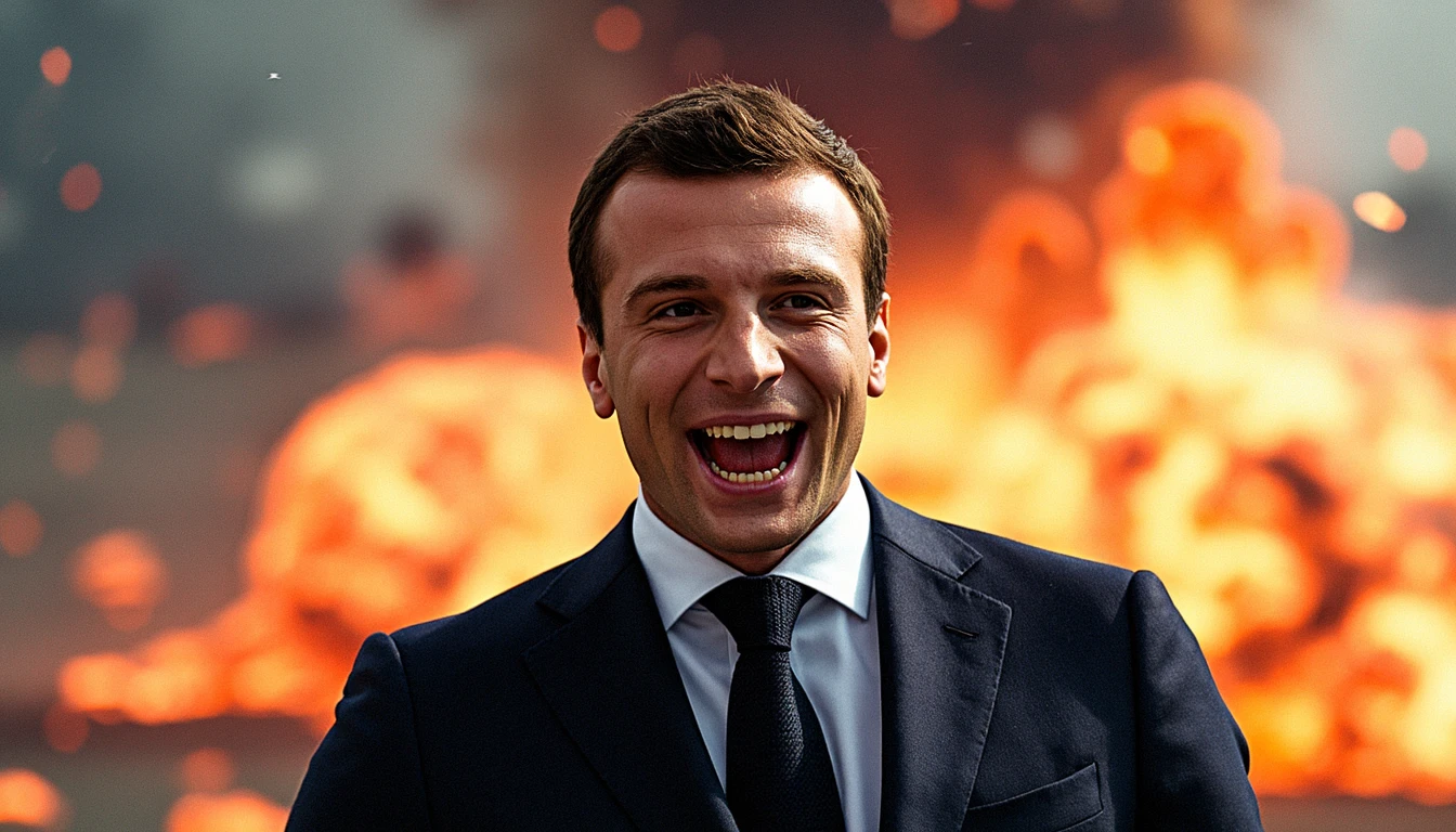 Create a highly detailed image showing a close-up of French President Emmanuel Macron laughing hard with a delirious expression, poking fun at the viewers. He stands confidently with his suit and tie slightly disheveled, as if caught in a sudden enormous nuclear wind burst. The background is filled with intense, massive explosions erupting in multiple locations, with flames and smoke rising high into the sky. Debris flies in various directions, casting an orange and red glow all around. Shattered glass and twisted metal are suspended in the air. Macron is positioned slightly to the left, his face turned towards the viewer, and the entire scene, from Macron's expression to the distant explosions, is captured in sharp focus. The composition is dramatic and intense, showcasing the contrast between Macron's calm demeanor and the chaotic, warlike scene behind him. The image is vivid, dynamic, and shot in a highly detailed photographic style with a 50mm lens in natural lighting, rendered in high resolution 8K.