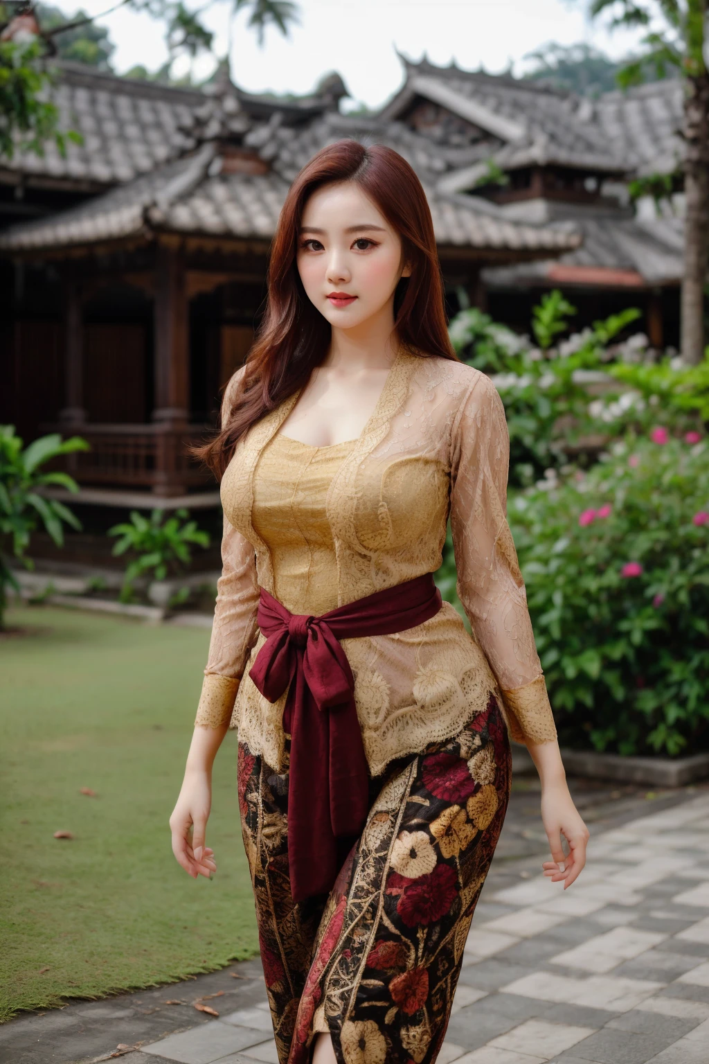 ((best quality)), absurdres, ((ultra high res)), a woman with hourglass figure, perfect face, beautiful face, sultry face, kebaya, elegant, graceful, carming, walking, outdoors, curvy, looking at viewer, high detailed, <lora:kebaya:0.6>