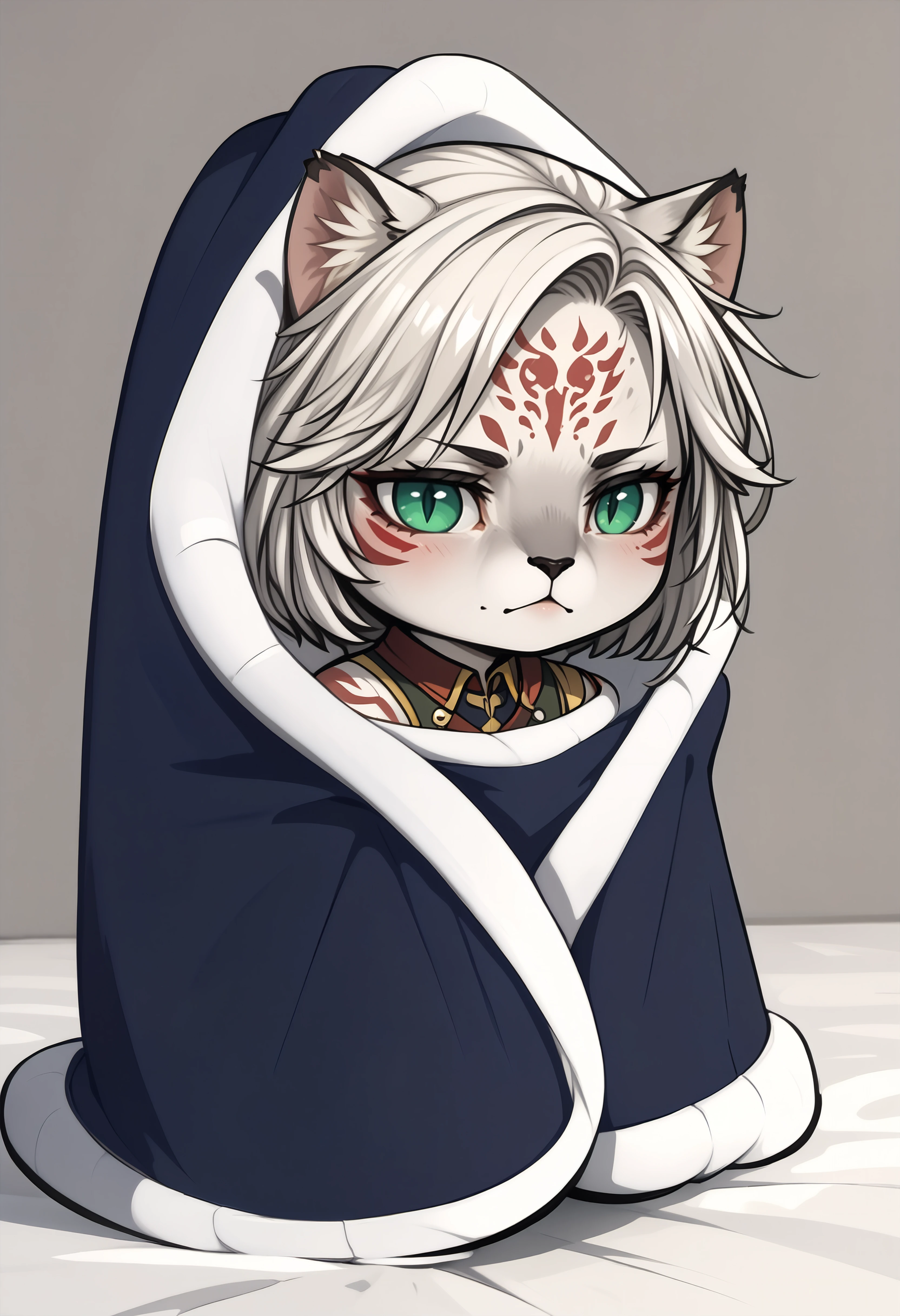 score_9, score_8_up, score_7_up BREAK <lora:clamXIVOC_kjk_jynx:1> solo, 1girl, kjk_jynx, furry female, animal ears, short hair, white hair, facial mark, green eyes, slit pupils, white fur, body markings, <lora:CozyBlanket_pdxl_Incrs_v1:1> blanket, under covers, chibi