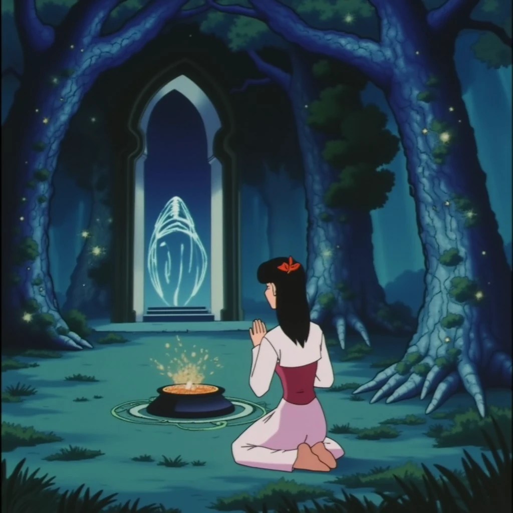 Anime screencap, a mystical shrine deep within an ancient forest. A young priestess kneels before a sacred altar, her hands clasped in prayer. Ethereal spirits float around her, their forms shimmering with a soft, otherworldly light. The trees around the shrine are adorned with glowing runes. Retro anime style