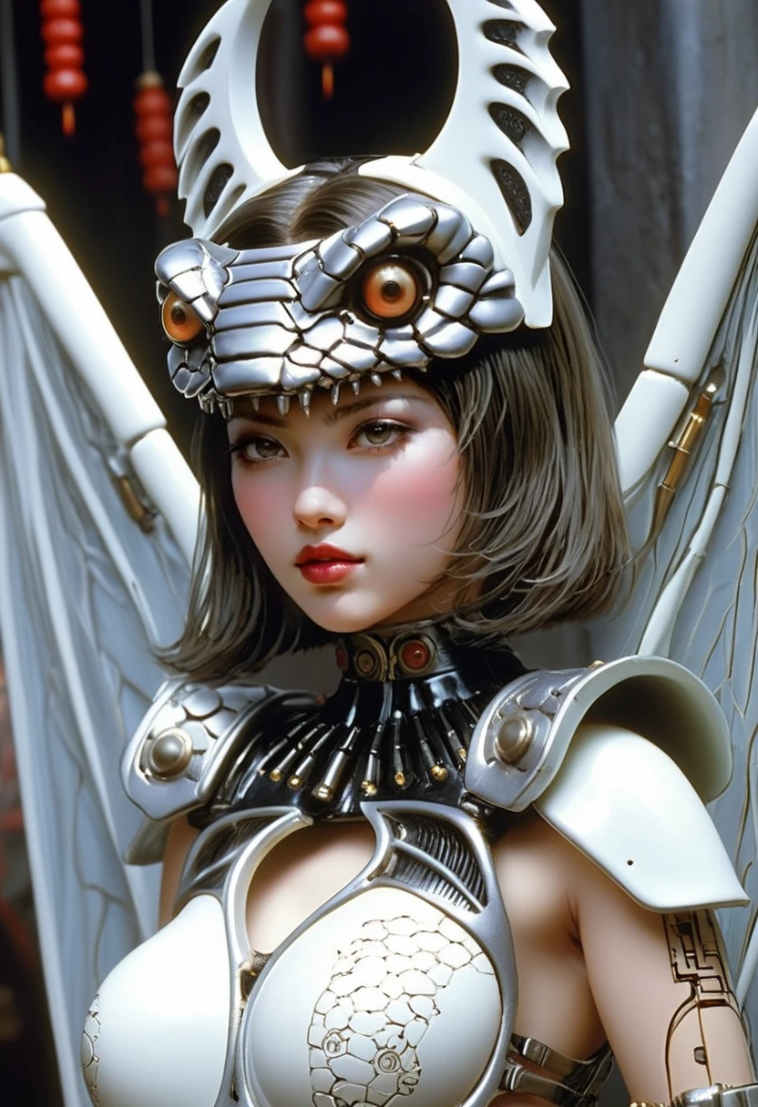 RAW, (Vypra evil sexy winged female lady), front facing, vintage 1980s film still of ([openwork delicate cyborg|doll] with cybernetic implants), bionic eye, (mechanical face), [glossy porcelain face], ceramic body, (glossy porcelain body), [[smooth porcelain]], (calligraphy ornament), (intricate Chinese porcelain, Ming dynasty porcelain:1.5), high frequency detail, fine details, BREAK, ((mechanical joints:1.43), mechanical arm, circuity, human ai hybrid, augmentations, wires, akira  still:1.2), Detailed imposing walls of dark cyberpunk factory background, sci-fi, BREAK, shallow depth of field, artificial light, (Kodak Vision 35mm film), MGM Metrocolor, F/2, (cinematic film still from Blade Runner 1982), medium closeup, upper body,soft dim lighting, extremely <lora:VYPRASDXL10:0.7>