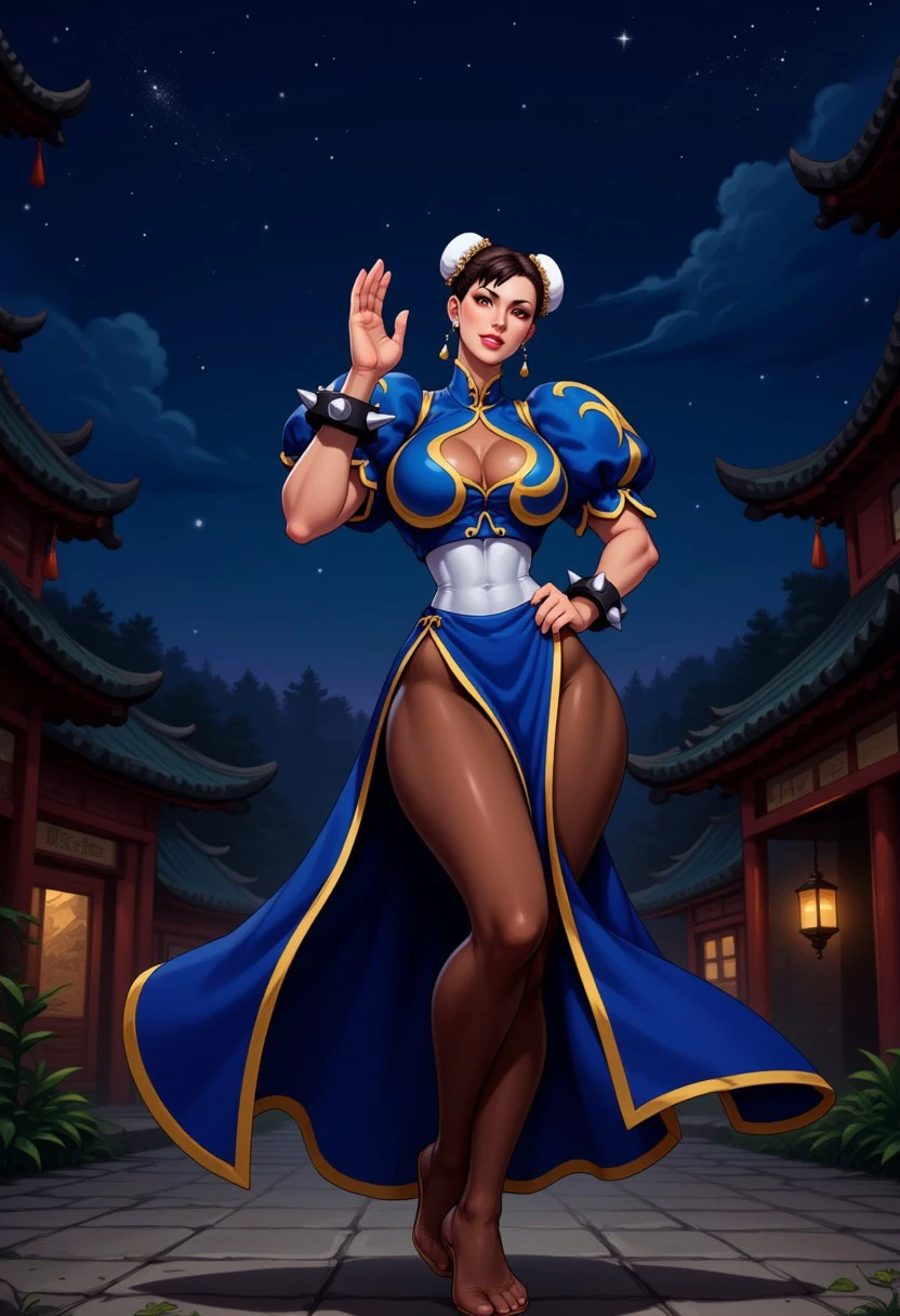 Photograph of chunli standing with her one hand on her hip, the other waving, wearing her classic bluedress, pantyhose, pelvic curtain, spiked bracelet. She has a victorious smile. She is standing in front of a temple at night under a starry sky.