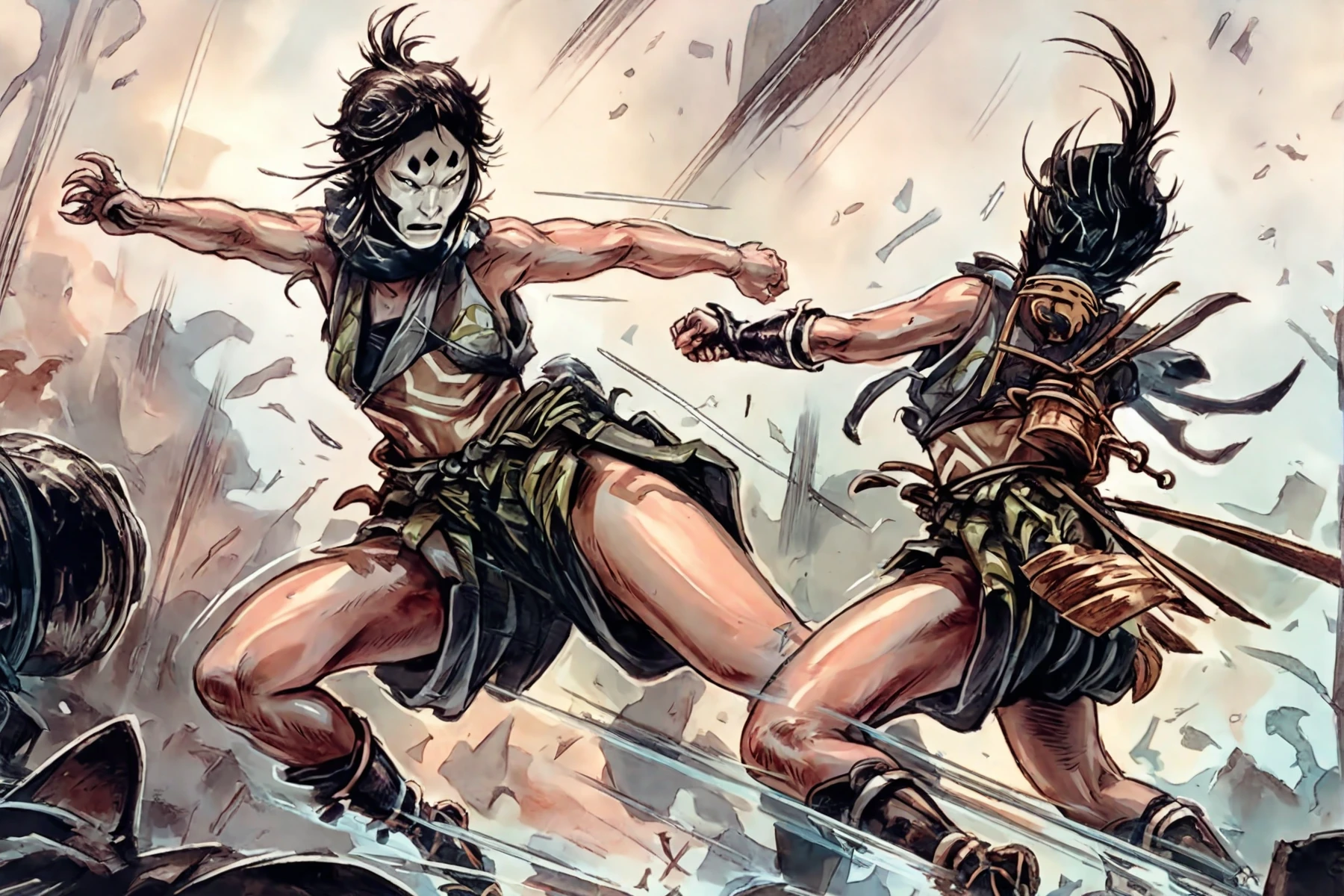 <lora:Mask-of-Fudo_pony_v1:1> battle painting \(genre\),illustration \(style\),from "legends of the pierced veil: the mask of fudo" an illustration of two woman fighting,, score_9, score_6_up, score_7_up