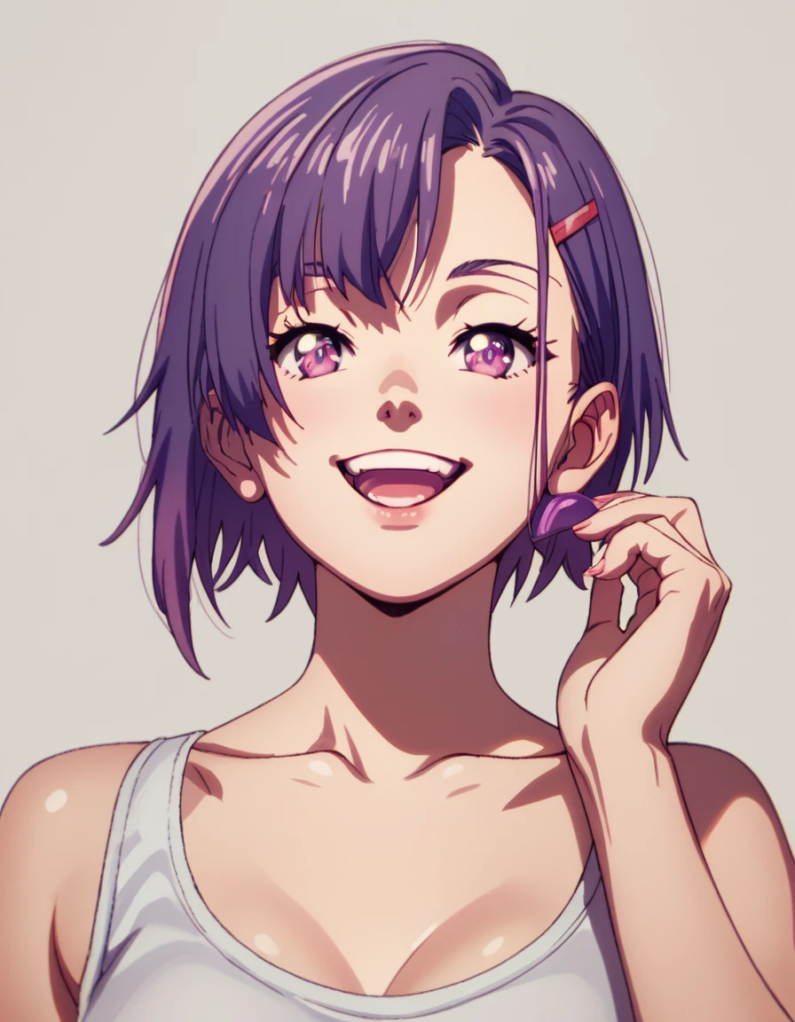 Shizuka, short hair, purple eyes, purple hair, smile, portrait,  <lora:Zom100:1>  score_9, score_8_up, score_7_up, score_6_up, score_5_up, score_4_up, source_anime,  ,