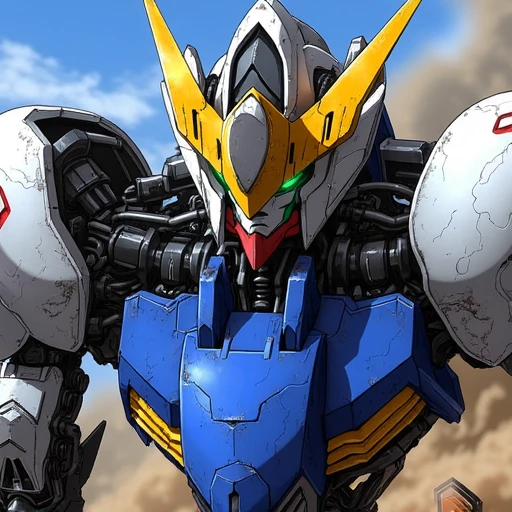 The image depicts a detailed and dynamic illustration of a Gundam, specifically Gundam Barbatos from the anime Mobile Suit Gundam: Iron-Blooded Orphans. This powerful mecha is portrayed in a close-up action shot, emphasizing its imposing and battle-worn appearance.  Gundam Barbatos features a distinct design with a white and blue color scheme, accented by gold and red details. The mecha's head is particularly striking, with a prominent yellow V-fin crest that is characteristic of many Gundam designs. Its eyes glow a vibrant green, adding to the intensity and life-like presence of the machine. The head unit also has a faceplate that suggests a fierce and determined expression, fitting for a battle-hardened warrior.  The armor plating on B4RB4T0S appears worn and weathered, with visible scratches and damage, indicating that it has seen many battles. The chest area is reinforced with blue armor, and the overall structure of the Gundam is muscular and robust, reflecting its strength and combat capabilities.  In the background, there are blurred elements that suggest a chaotic battlefield, with dark, smoky skies and hints of fire or explosions, adding to the dramatic atmosphere of the scene. The lighting and shading in the image are expertly done, creating a sense of depth and realism, while also highlighting the metallic surfaces of the Gundam.  Overall, the image captures the essence of Gundam Barbatos as a powerful and relentless war machine, ready to engage in fierce combat. The detailed rendering and dynamic composition emphasize the Gundam's role as a central figure in the struggle depicted in Iron-Blooded Orphans.