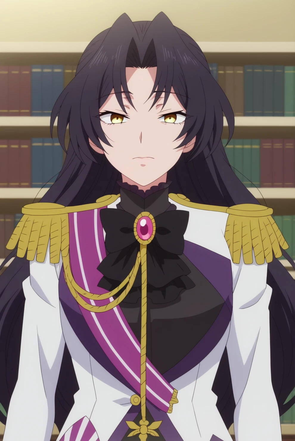 dominique de sade,anime screencap,solo,epaulettes,mature, white jacket,bow,long hair,looking at viewer, indoors,gloves,library,books,emotionless,consistent background, upper body, close up <lora:Dominique de sade - PDXL2.safetensors:0.8>