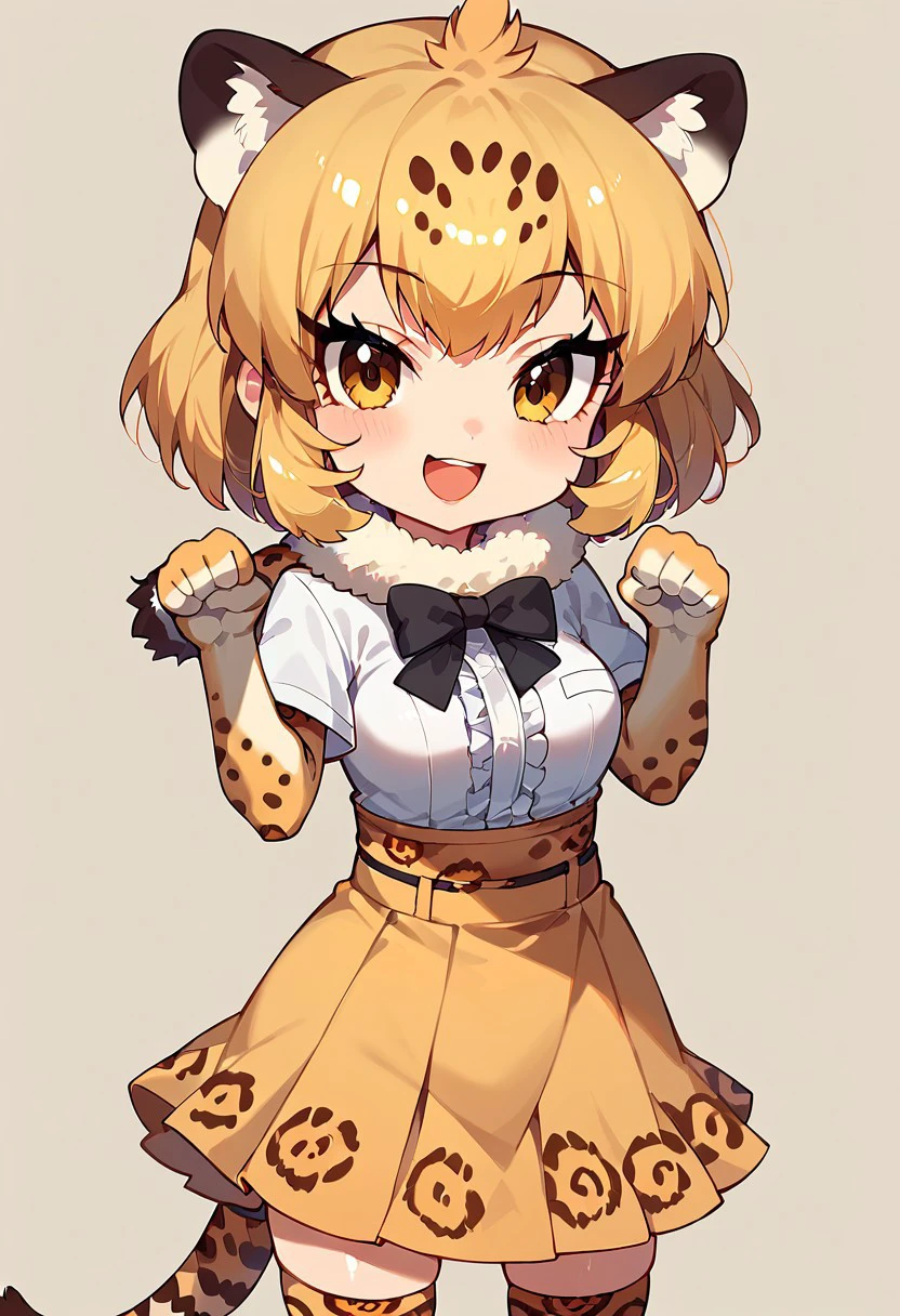 1girl, ((solo)) best quality, ultra-detailed, extremely detailed, perfect anatomy, masterpiece, score_9, score_8_up, score_7_up, Expressiveh jaguar (kemono friends), animal ears, jaguar ears, blonde hair, short hair, bangs, jaguar print, multicolored hair, tail, jaguar tail, white shirt, frills, skirt, high-waist skirt, print skirt, fur collar, center frills, gloves, elbow gloves, print gloves, short sleeves, black bowtie, thighhighs, animal print, print legwear, shoes, cute, open mouth smile, happy, standing, looking at viewer, paw pose, (chibi:1.3), simple background,