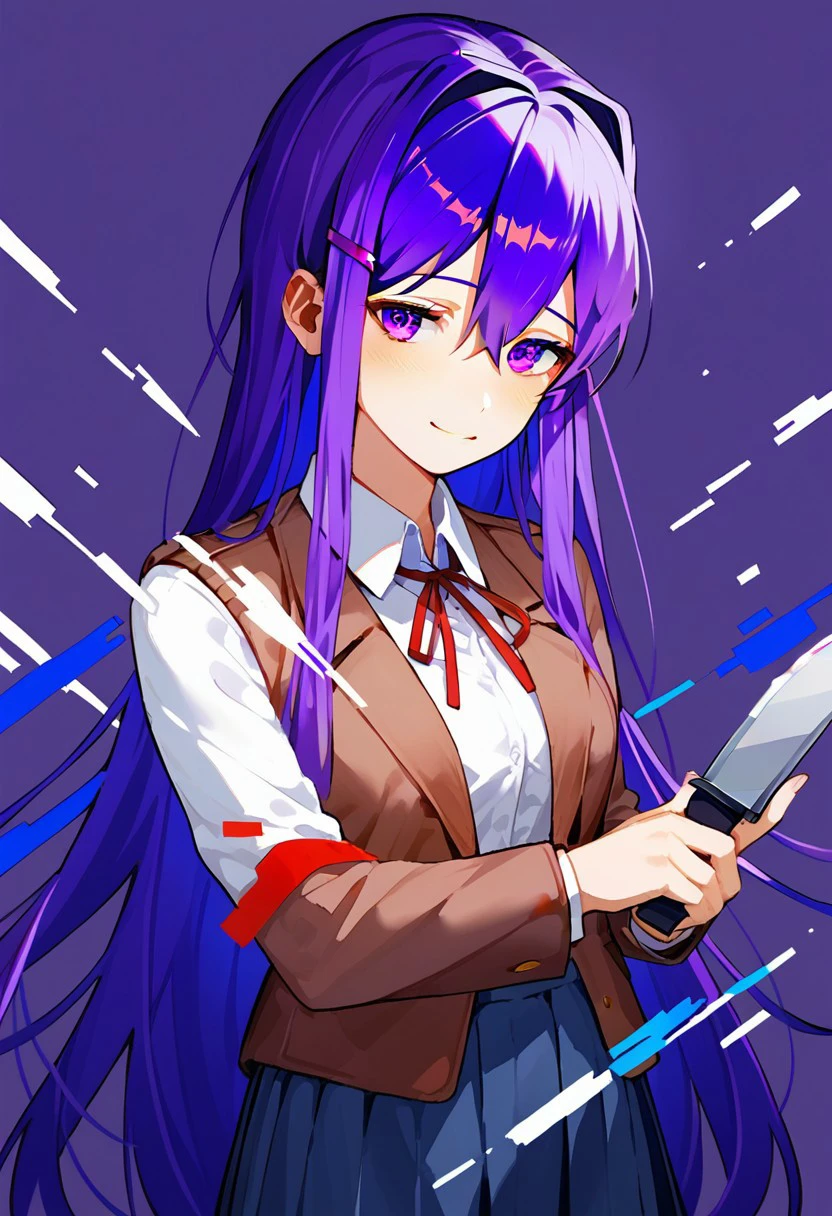 score_9, score_8_up, score_7_up, source_anime, YURI (DOKI DOKI LITERATURE CLUB), YURI SCHOOL UNIFROM, 1girl, solo, long hair, looking at viewer, blush, smile, bangs, skirt, simple background, shirt, hair ornament, long sleeves, ribbon, holding, hair between eyes, very long hair, school uniform, purple eyes, jacket, white shirt, purple hair, cowboy shot, pleated skirt, hairclip, collared shirt, red ribbon, blue skirt, neck ribbon, knife, wing collar, holding knife, glitch, yuri \(doki doki literature club\)