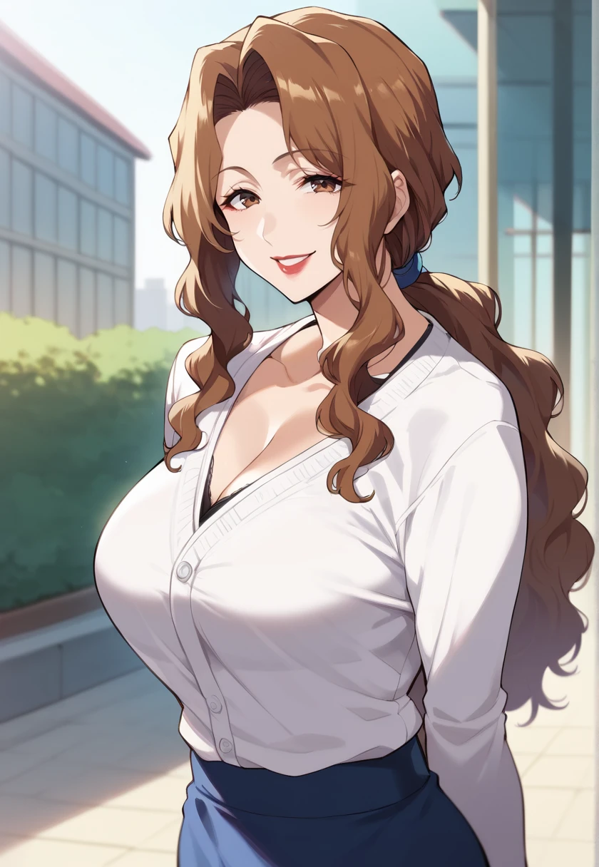 (looking at viewer, smile), <lora:masakiKurosaki:1> masakakurosaki, long hair, ponytail, wavy hair, brown hair, brown eyes, makeup, lipstick,  large breasts, white cardigan, long sleeves, blue skirt, 16k, masterpiece, absurdes, highly detailed, highres, high quality, best quality, score_9, score_8_up, score_7_up, score_6_up