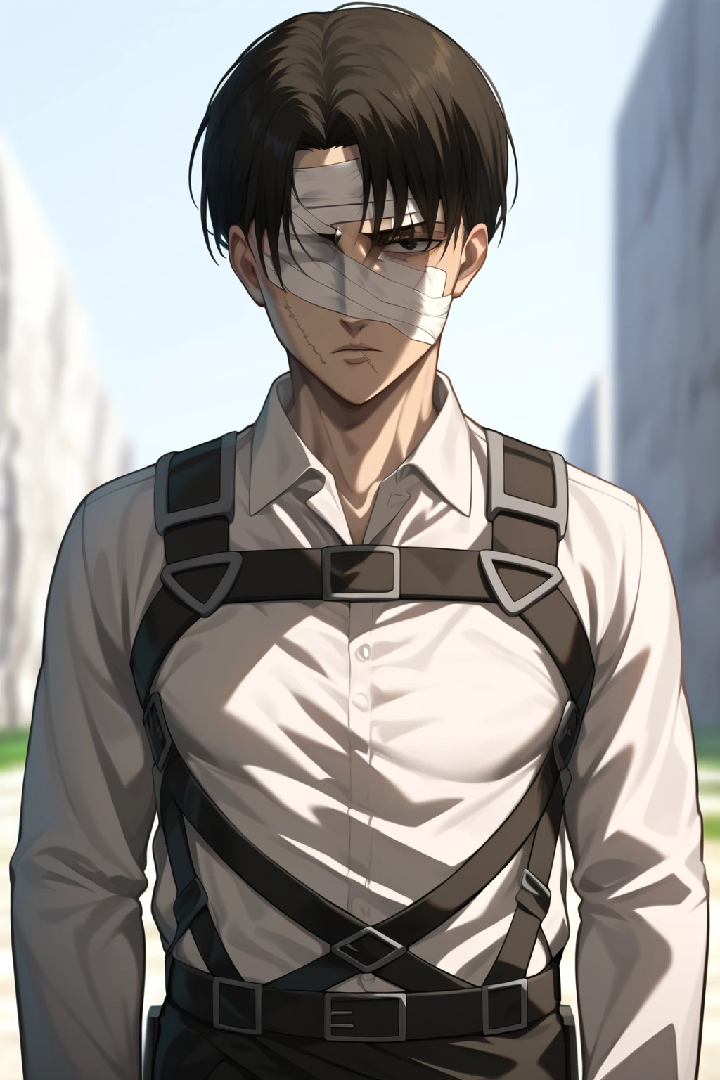 score_9, score_8_up, score_7_up, source_anime, highly detailed, novel illustration, wallpaper, beautiful details,levi ackerman, 1boy, black hair, black eyes, curtained hair, bandaged head, bandaged over one eye, scar, solo, looking at viewer, white shirt, collared shirt, chest harness, chest belt, belt, outdoors, standing, cowboy shot,,