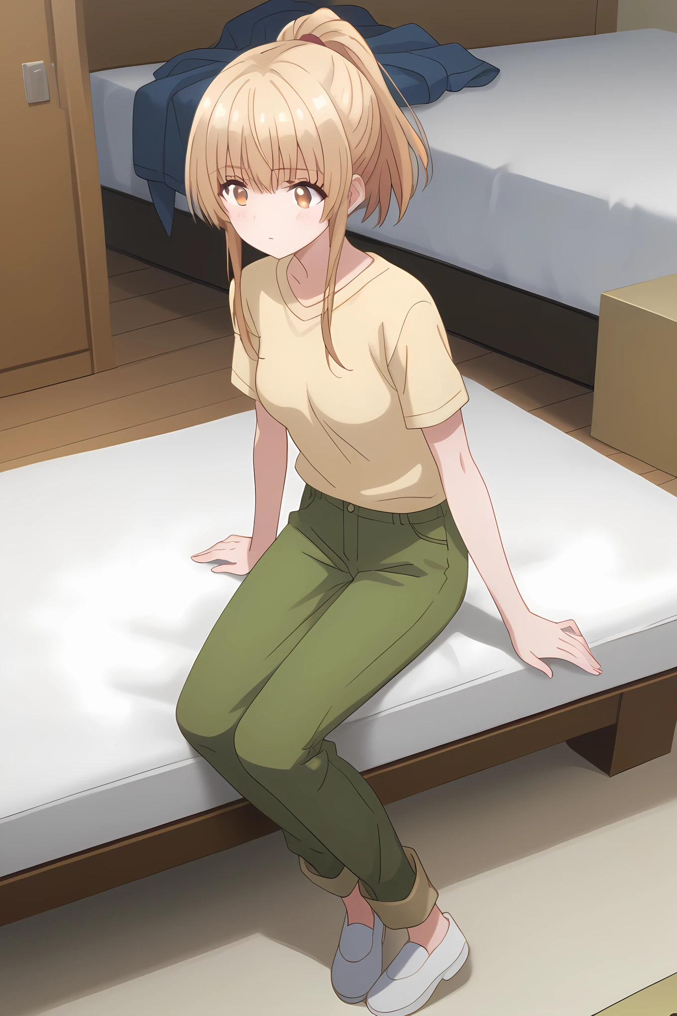 yellow shirt green pants, an-mahiru, medium breasts, 1girl, solo, skinny, masterpiece, high quality, (full body|sitting|standing|lying), indoors, blush, score_9, score_8_up, score_7_up, source_anime, anime, anime style, ponytail <lora:an-mahiru-pony-V01-000004:0.70>