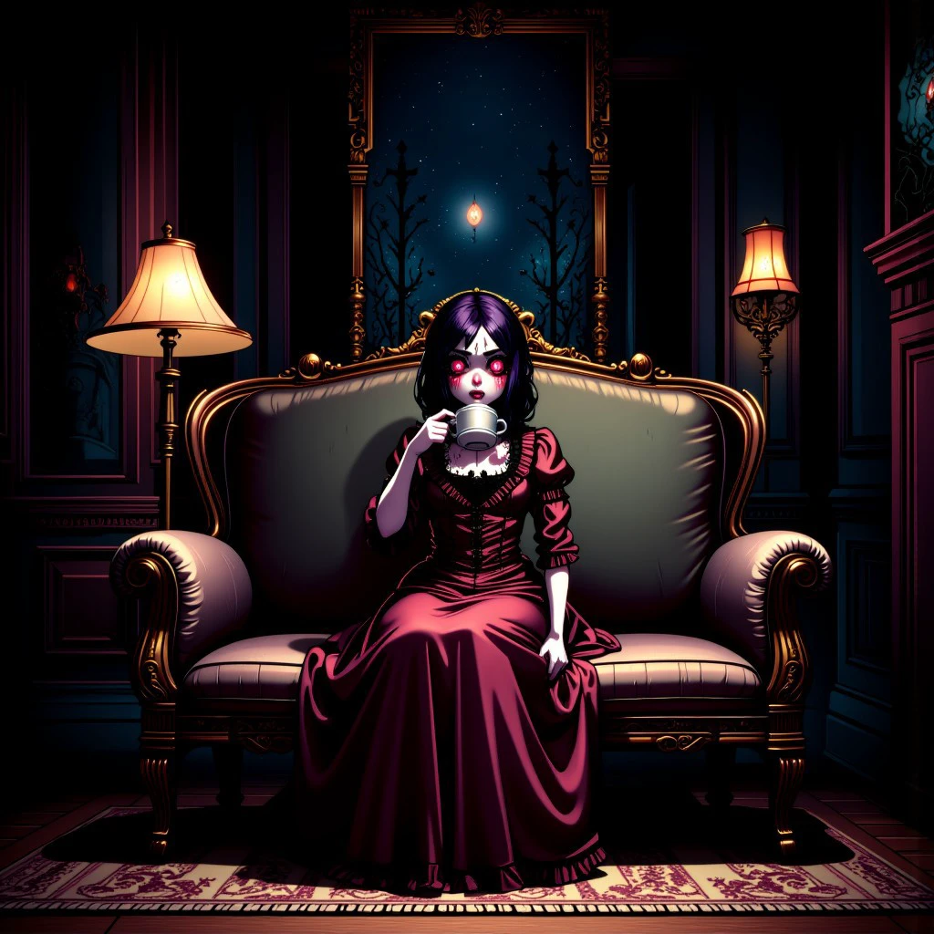 From above, at night in a victorian parlor, a young girl with pale skin wearing a maroon dress sits on a sofa drinking tea.