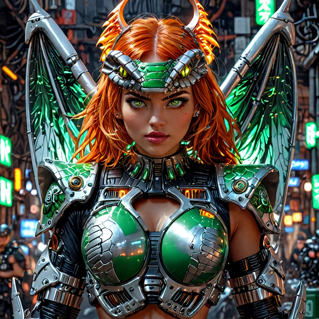 Vypra evil sexy winged female lady, orange hair, green eyes, blurry, cyber fighter, cyberpunk district, lips, nose, realistic, science fiction, solo, full body, drinking beer, minimal armor, glowing green light armor, Clover symbol, mean human shape, bokeh blur, Cinematographic lighting, OverallDetailXL ,,,,,, <lora:MJ52_v2.0:1.0>,<lora:SDXLFaeTastic2400:0.4>,<lora:EpicF4nta5yXL:0.7>,<lora:OverallDetailXL:0.5>,<lora:VYPRASDXL10:0.7>,<lora:tbh103-sdxl:0.7>