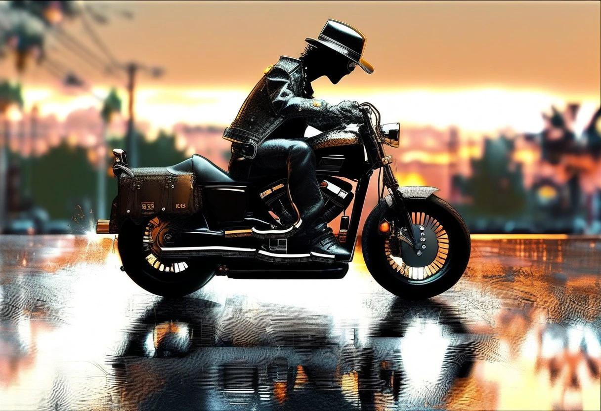 "Ultra realistic with high quality and ultra detail with excellent focus of a fictional rock metal man represented as a rocker, rocker leather jacket and rocker leather hat, on a Harry Davidson motorcycle, dynamics and movement in the image, forest road, cigarette behind the bike, movement and dynamics of the image, illumination golden hour, sunset, pouring sun splashing sun rays