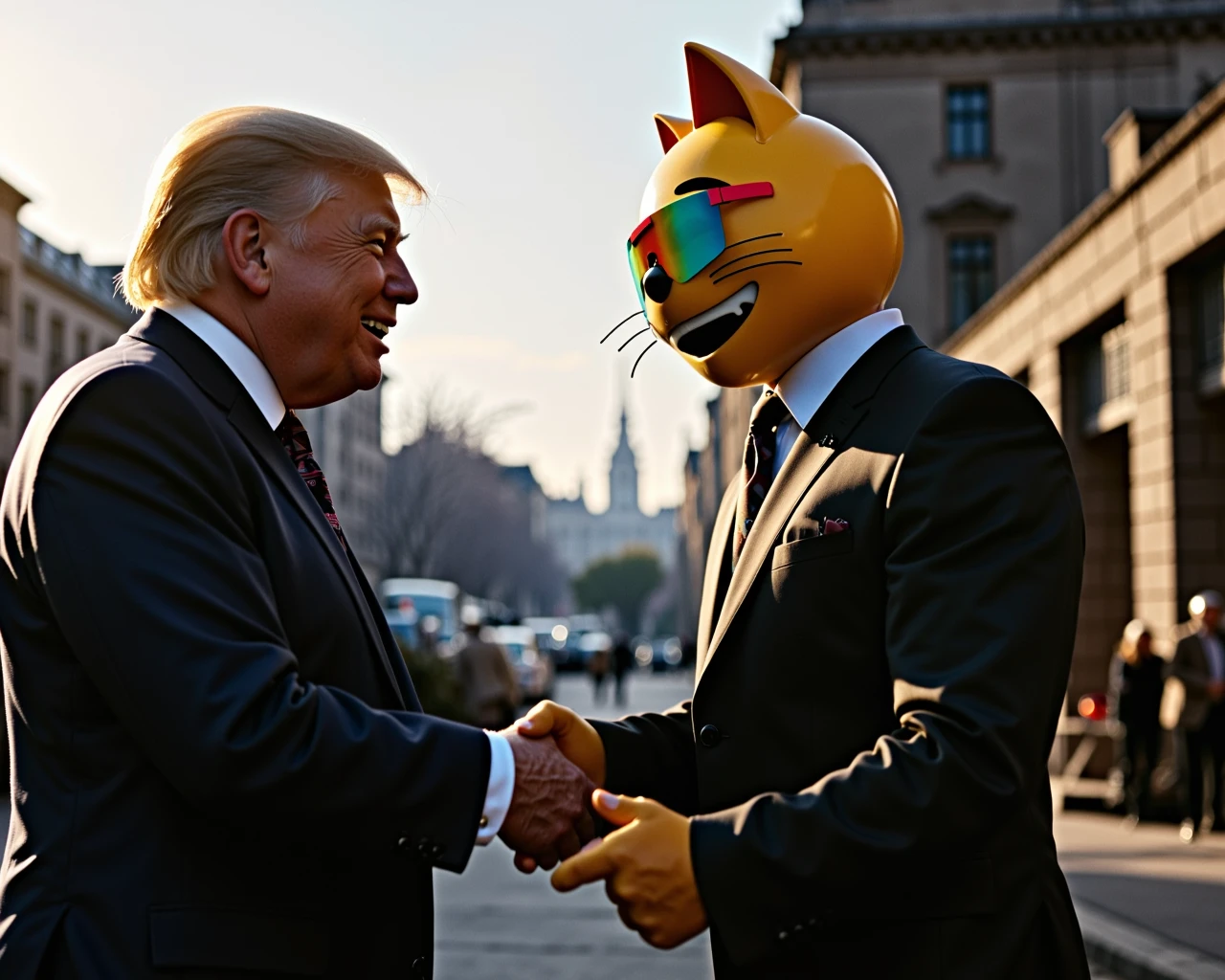 a j0yc4t, shaking hands with Donald Trump wearing sunglasses , Vintage and retro street photo, Arriflex 535B, Zeiss Otus 85mm f/1.4 Apo Planar T*, Backlighting, by Henri Cartier-Bresson,Lewis Hine   <lora:Flux-j0yc4t:1>