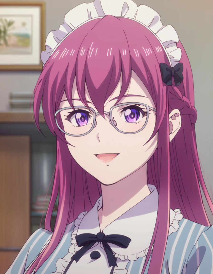 <lora:CafeTerraceGoddesses:1>, score_9, score_8_up, score_7_up, score_6_up, score_5_up, score_4_up, source_anime,  , portrait, smile,  Kikka, long hair, pink hair, purple eyes, glasses, maid,