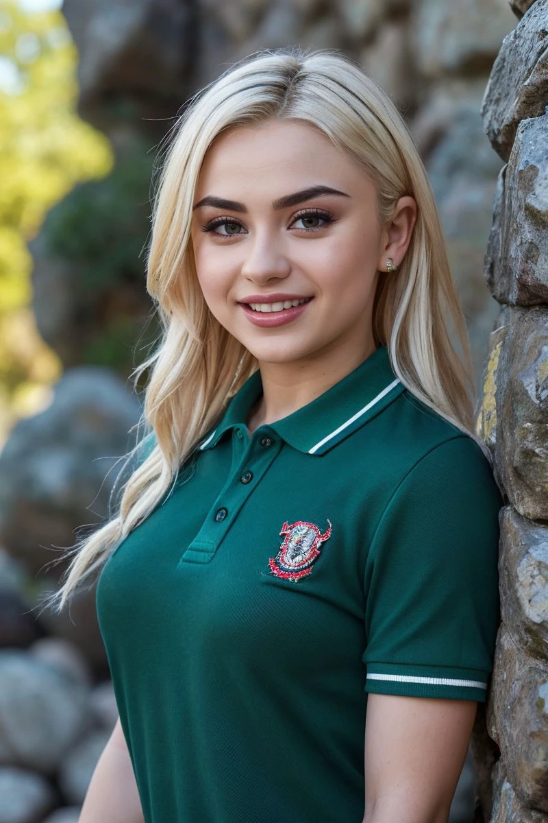 portrait of S510_AriaBanks,an attractive woman,in front of a (rock wall:1.1),wearing a (polo-shirt),(smiling),(4k, RAW photo, best quality, 50mm, depth of field, ultra high res:1.1),(intricate, photorealistic, cinematic-shot, masterpiece, ultra-detailed:1.1),