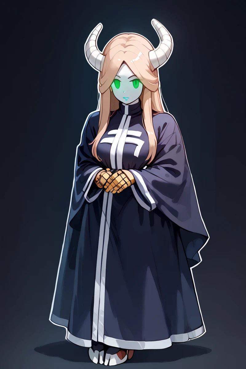 sticker art, full body view, blank background, rating_safe, score_9, score_8_up, score_8, score_9, score_8_up, score_7_up, score_6_up, embedding:zPDXL3, ((chubby:0.5), ivory rubber skin, cyborg, green glowing eyes, white lipstick, black make up, horns, mechanical hooves, latex robe, clothed, long hair, tan hair, flirty expression, sexy pose, paper_mario_style, (dot eyes, white outline:1.2)