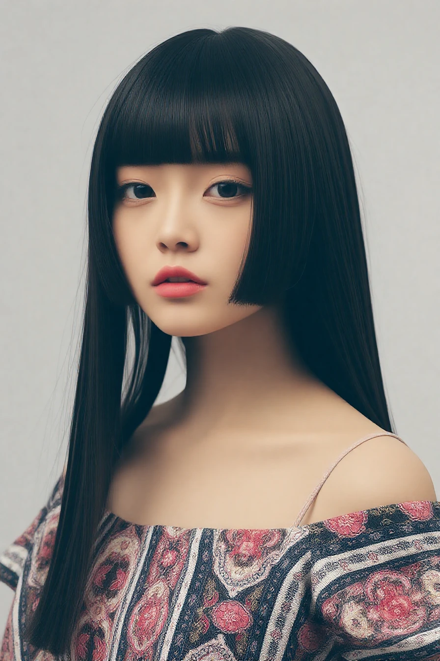 a photograph of a woman, <lora:Hime_Cut_Flux:1> Hime_Cut_Flux,black hair,