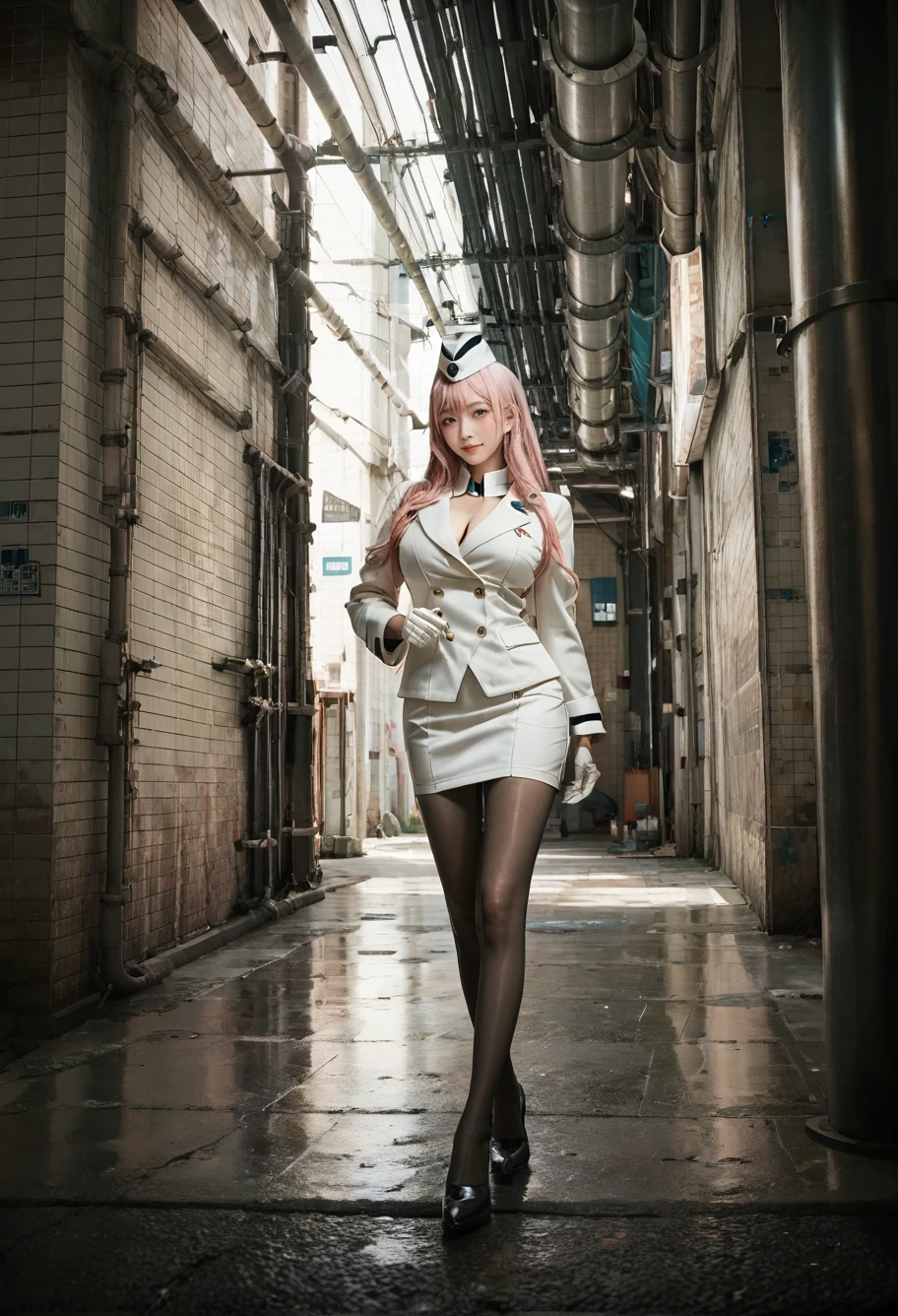 ,ruanyi0888,industrial pipe,alley,
cowboy shot,,ruanyi0828,black pantyhose,garrison cap,white gloves,white jacket,white skirt,white hat,pencil skirt,pink hair,long hair,<lora:0888 aisle_v1_pony:0.9>,<lora:0828 Tamamo Vitch Koyanskaya Fans Clothing_v1_pony:0.7>, score_9, score_8_up, score_7_up, score_6_up, score_9, score_8_up, score_7_up, score_6_up source_anime, blush, 1girl, seduce smile, perfect body , natural huge breasts