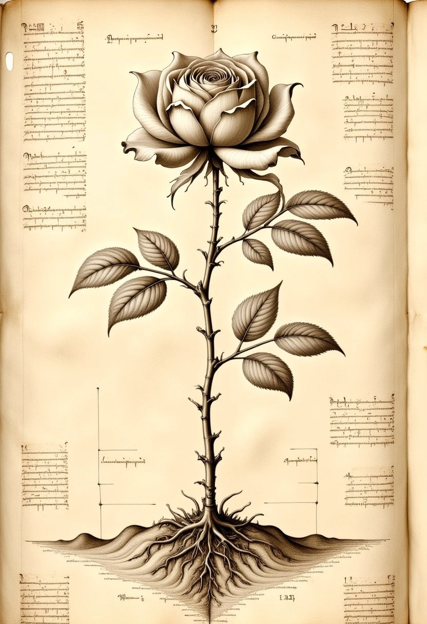 sepia anatomysketch of a rose growing out of the ground rendered in a medieval botanical textbook. The plant is depicted in detail, with its many petals spread and its stamen and pistil exposed. The various parts of the flower are labelled in cursive script.
The background of the illustration is a sepia-toned parchment, giving it an aged, vintage appearance. The parchment is adorned with various handwritten notes and diagrams, suggesting a scientific context. The notes are in a cursive script, with some symbols interspersed.
The illustration is highly detailed and meticulously crafted, with a focus on the intricate relationship between the rose and the earth it is planted into