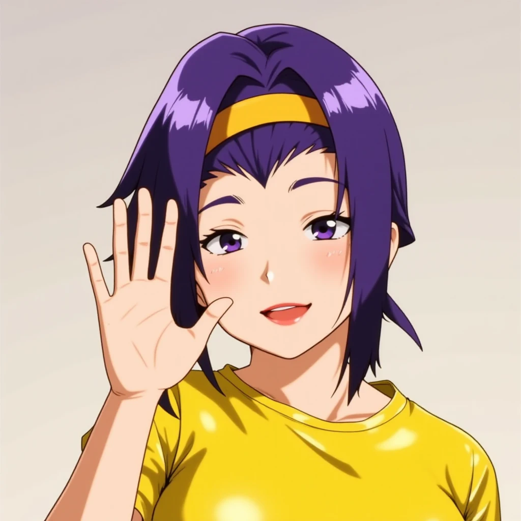 a woman is waving at the camera, face, 

anime, from front, cowboy shot, 1girl, faye valentine, enjoying,

purple hair, tied hair, headband,

yellow plastic shirt, 