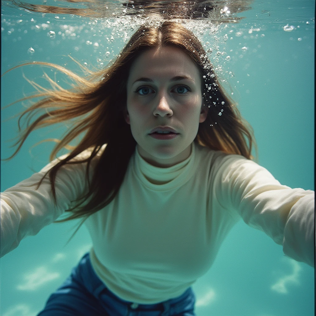 An amateur photo of Xev Bellringer underwater, floating gracefully while looking directly into the camera. She’s wearing a tight white high-neck sweatshirt paired with blue jeans. Her hair flows freely in the water, framing her face as she maintains a calm, almost curious expression. The image has a slightly grainy, unpolished feel, with bubbles rising around her and soft sunlight filtering through the water’s surface, casting ripples of light. The overall scene feels ethereal yet grounded, capturing a quiet and introspective moment