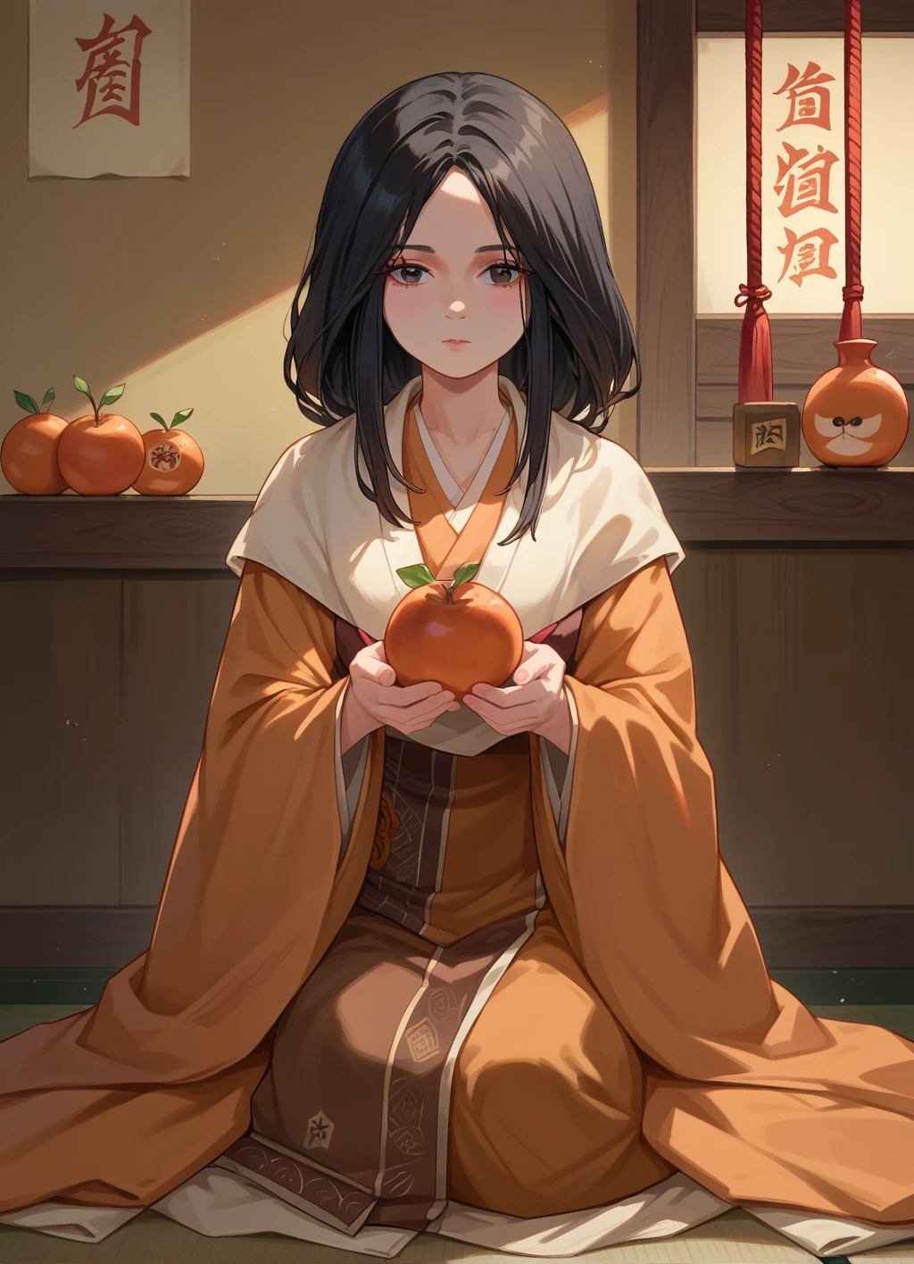 score_9, score_8_up, score_7_up, source_anime, indoors, 1girl, sitting, persimmon, black hair, divinechild, japanese clothes, <lora:divinechild:0.8>