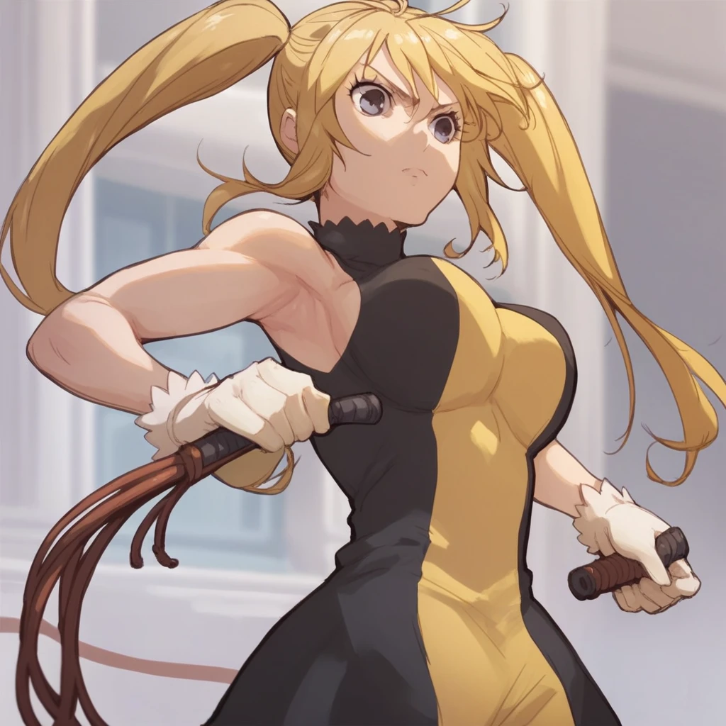 score_9,score_8_up,score_7_up, mitsuha_(sekirei), 1girl, solo, twintails, blonde hair, gloves, breasts, long hair, large breasts, white gloves, whip, sleeveless, dress,