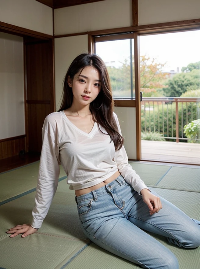 <lora:add_detail:0.2> <lora:ReaLora:0.4> (realistic, photorealistic:1.3), 
1girl, asian, 28yo adult, 
looking at viewer, shirt, pants,
 <lora:JPN_OldApartment-v1:0.5> indoors, (tatami, sliding doors:1.2)