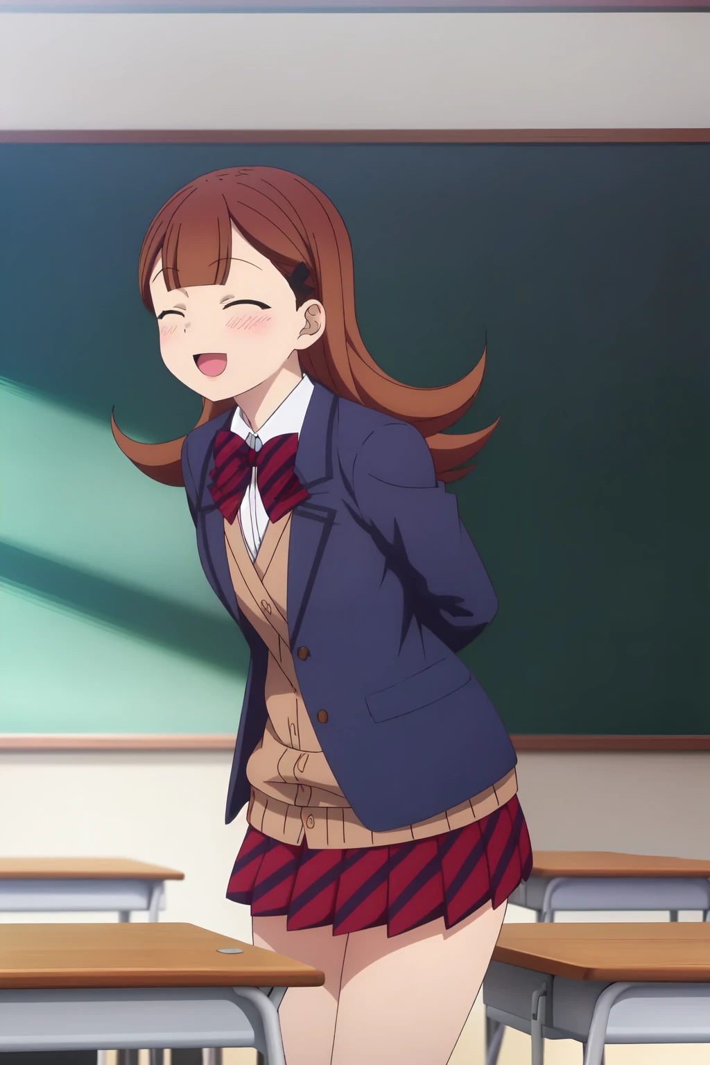 Yamai Ren, 4k, absurd, high resolution, ultra high resolution, high definition, masterpiece, illustration, 2d, anime style, 1girl, solo, long hair, blush, smile, open mouth, skirt, brown hair, bow, school uniform, jacket, closed eyes, :d, heart, pleated skirt, indoors, bowtie, ^_^, arms behind back, happy, blazer, cardigan, desk, classroom, school desk, chalkboard<lora:EMS-465179-EMS:0.800000>