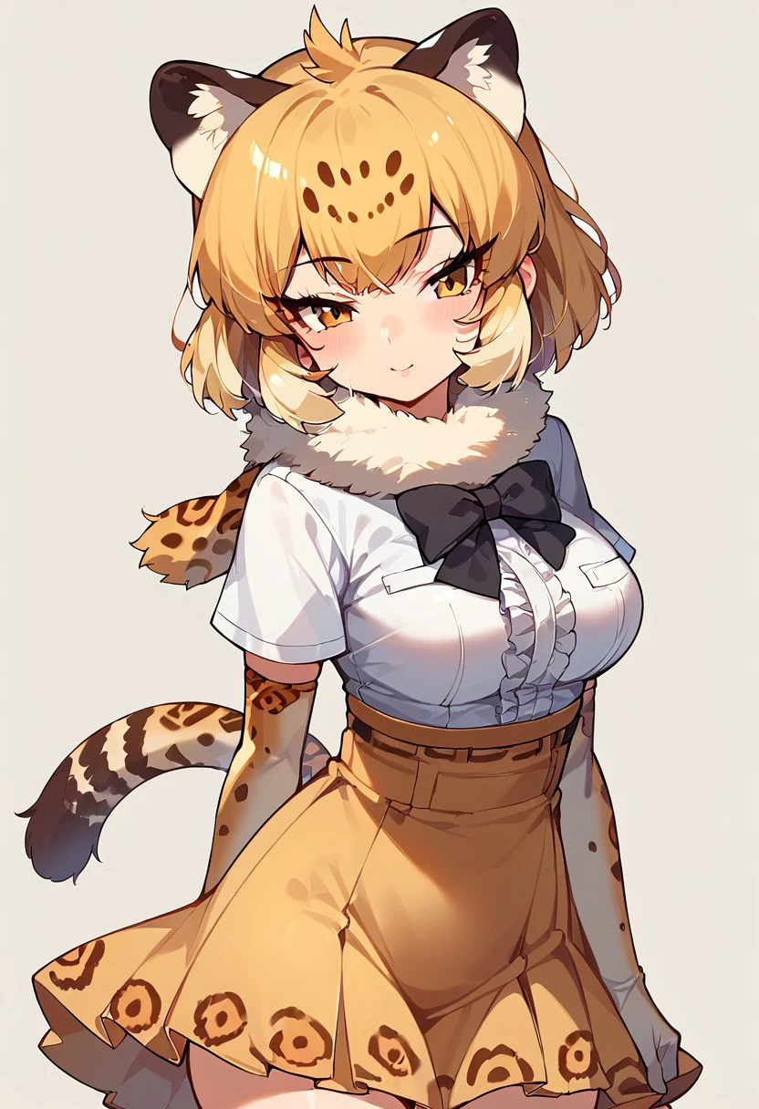 1girl, ((solo)) best quality, ultra-detailed, extremely detailed, perfect anatomy, masterpiece, score_9, score_8_up, score_7_up, Expressiveh, jaguar (kemono friends), animal ears, jaguar ears, blonde hair, short hair, bangs, jaguar print, multicolored hair, tail, jaguar tail, white shirt, frills, skirt, high-waist skirt, print skirt, fur collar, center frills, gloves, elbow gloves, print gloves, short sleeves, black bowtie, thighhighs, animal print, print legwear, shoes, simple background,