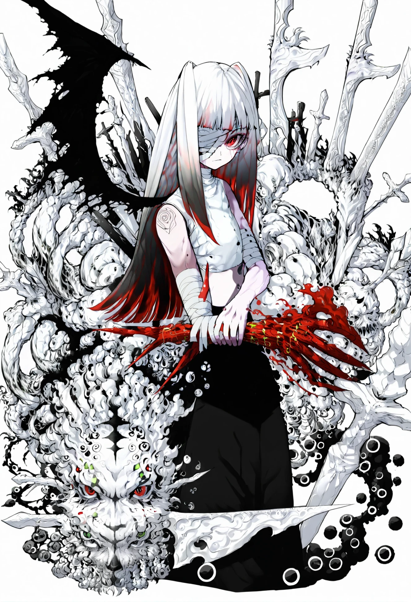 masterpiece, best quality,1girl, bandages, red eyes, bandaged arm, long hair, solo, multicolored hair, bandage over one eye, looking at viewer, holding, blood, red hair, weapon, white hair, spot color, tattoo, closed mouth, blood on bandages, sword, arm tattoo, holding weapon, monochrome, white background, one eye covered, wings, animal skull, bare shoulders, bandaged head, holding sword 
<lora:OsuXLlokr4f-000185:0.95>