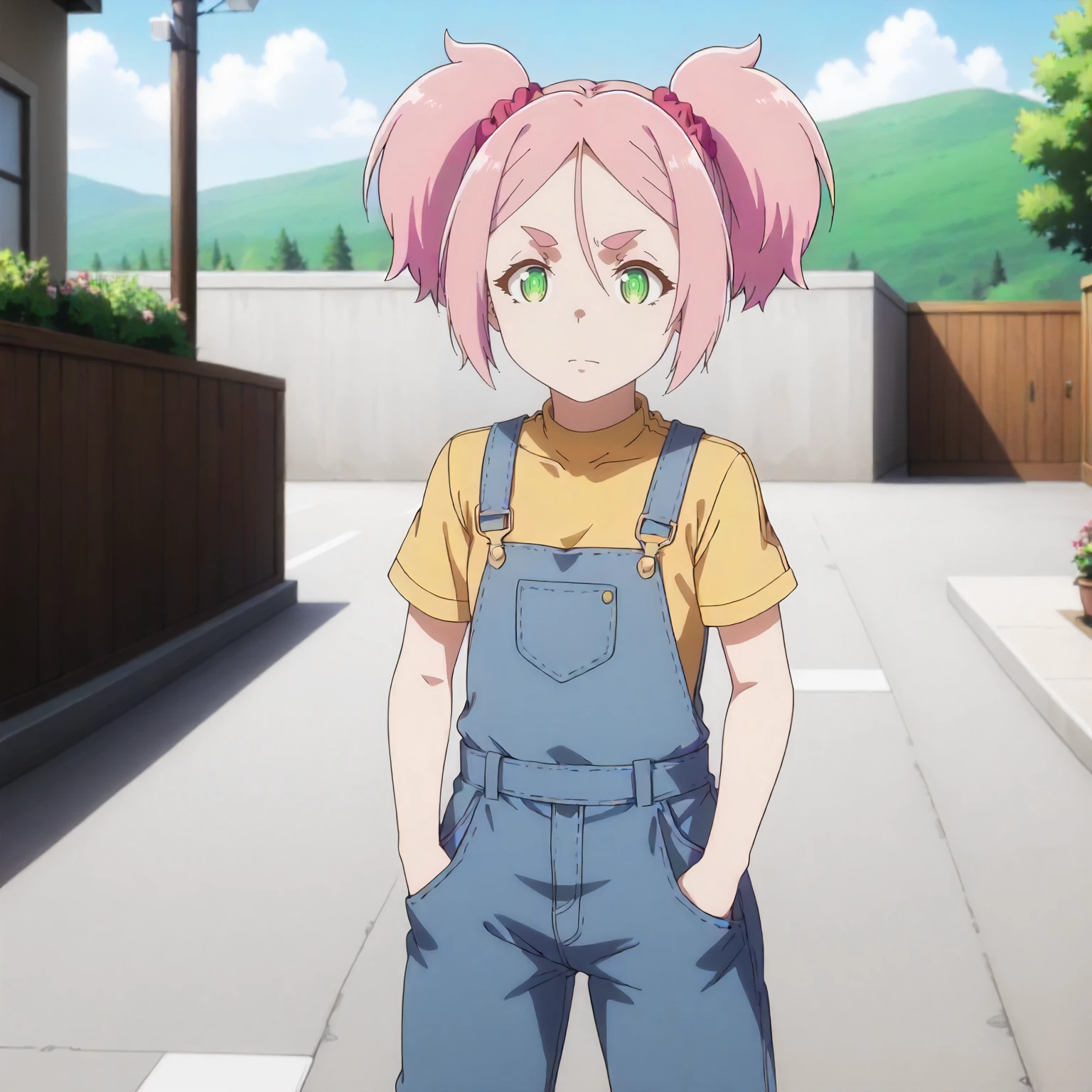 <lora:SSnVR_MomoXLpony001>,
outdoors,nature,
solo,
Momo,1girl,pink hair,short twintails,hair scrunchie,thick eyebrows,short eyebrows,green eyes,
standing,
overalls,