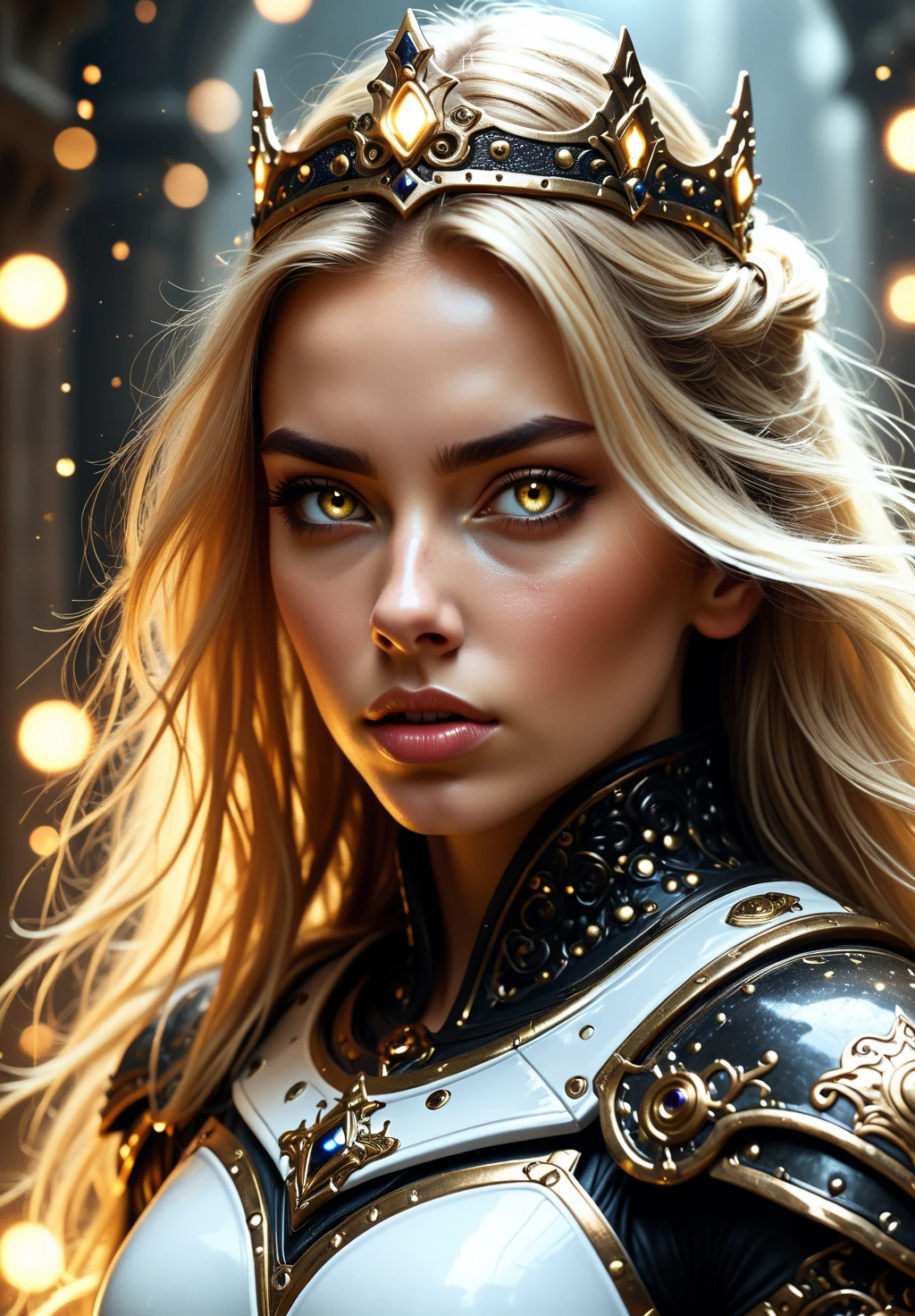 b_1, b_5, b_7, A realistic portrait of a warrior woman with long blonde hair styled is gorgeous, illumination cute crown, (illuminated hazel eyes), (glowing particles), sun beam, wearing dark black ornate illumination armor that seamlessly blends technology and elegance, with intricate metallic patterns and high-tech enhancements, white cape. The armor features intricate gold details and a high collar. She stands in a misty castle with blurred dark white black lights in the background, adding a mystical ambiance. Her expression is serious and focused, and the overall lighting emphasizes the texture and details of her armor and cape, <lora:BDetailedv5:0.5> ,<lora:BDetailedv4:0.6>