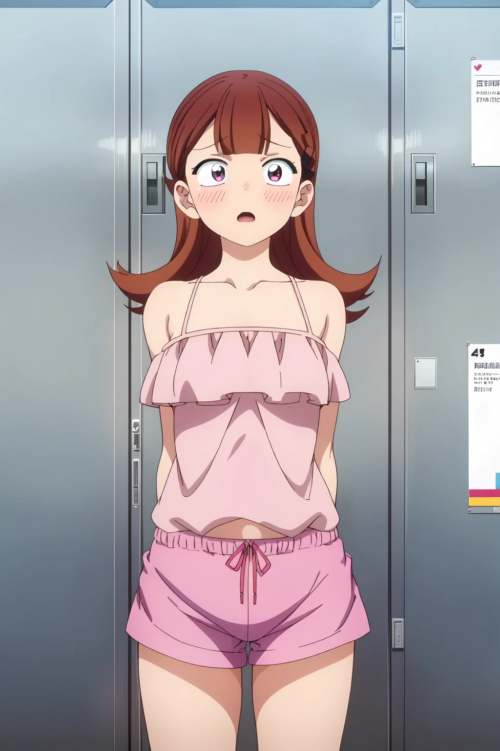 plain bottom、(masterpiece、top quality:1.2)、((facing the front:1.2))、with bangs、Young woman in 17 years old、((the upper body:1.2))、promotional art、official art 、Attach underwear、panties, standing small boobs, ((thick thighs)), pink underwear, happy, train station, a lot of people, ashamed, blushing