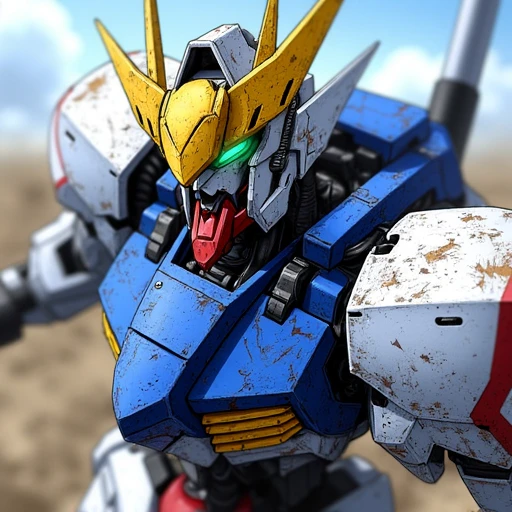 The image depicts a detailed and dynamic illustration of a Gundam, specifically Gundam Barbatos from the anime Mobile Suit Gundam: Iron-Blooded Orphans. This powerful mecha is portrayed in a close-up action shot, emphasizing its imposing and battle-worn appearance.  Gundam Barbatos features a distinct design with a white and blue color scheme, accented by gold and red details. The mecha's head is particularly striking, with a prominent yellow V-fin crest that is characteristic of many Gundam designs. Its eyes glow a vibrant green, adding to the intensity and life-like presence of the machine. The head unit also has a faceplate that suggests a fierce and determined expression, fitting for a battle-hardened warrior.  The armor plating on B4RB4T0S appears worn and weathered, with visible scratches and damage, indicating that it has seen many battles. The chest area is reinforced with blue armor, and the overall structure of the Gundam is muscular and robust, reflecting its strength and combat capabilities.  In the background, there are blurred elements that suggest a chaotic battlefield, with dark, smoky skies and hints of fire or explosions, adding to the dramatic atmosphere of the scene. The lighting and shading in the image are expertly done, creating a sense of depth and realism, while also highlighting the metallic surfaces of the Gundam.  Overall, the image captures the essence of Gundam Barbatos as a powerful and relentless war machine, ready to engage in fierce combat. The detailed rendering and dynamic composition emphasize the Gundam's role as a central figure in the struggle depicted in Iron-Blooded Orphans.