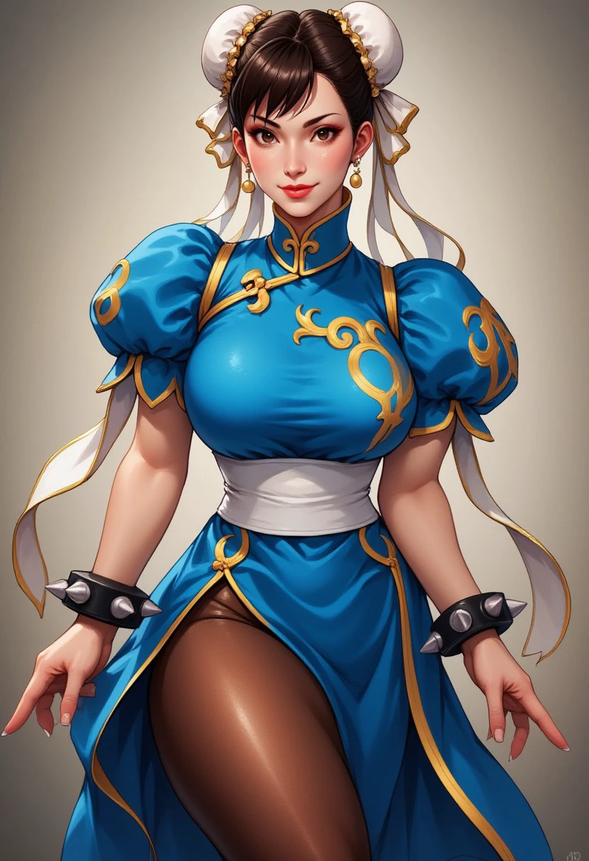 Chunli, classic blue dress, pelvic curtain, pantyhose, spiked bracelet, thigh-shot