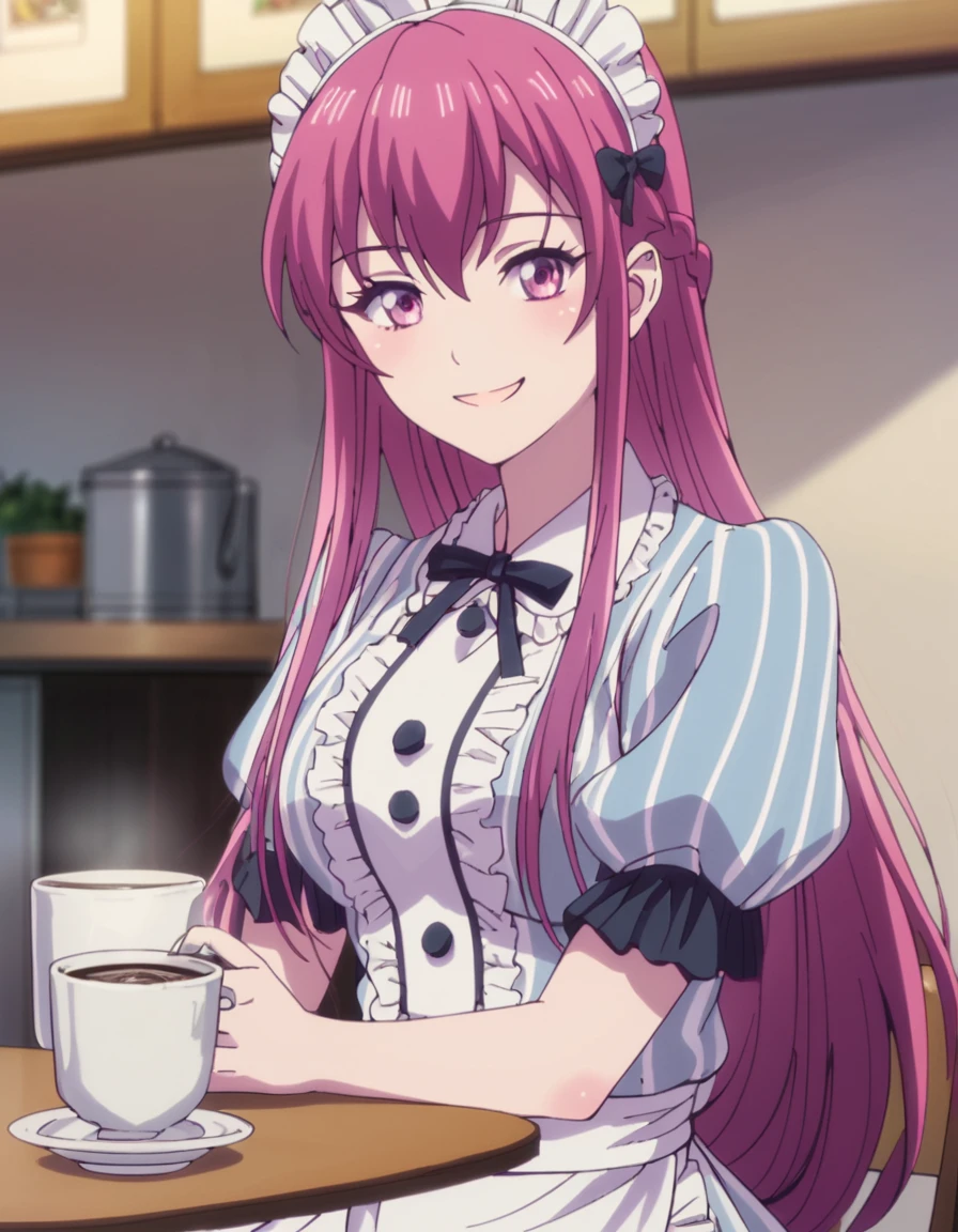 <lora:CafeTerraceGoddesses:1>, score_9, score_8_up, score_7_up, score_6_up, score_5_up, score_4_up, source_anime,  , smile, sitting, drinking coffee Ouka, long hair, pink hair, pink eyes, maid,