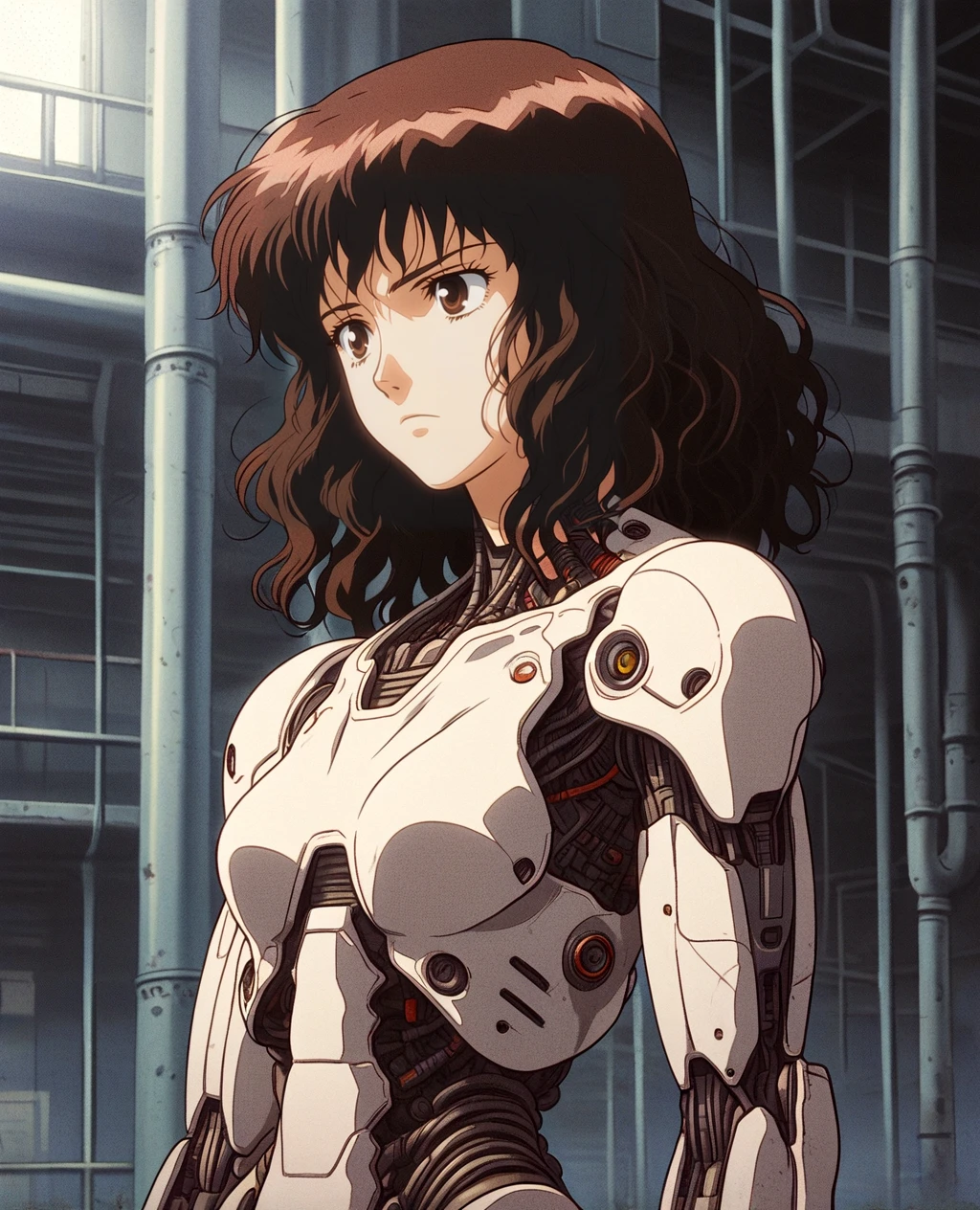 1girl, solo, female focus, science fiction, cyborg, a woman with medium wavy hair and brown eyes with a mechanical body and mechanical parts standing in an abandoned factory, soft expression, Ayami Kojima, yukito kishiro, cyberpunk art, neogeo, halftone effect <lora:RetroAnimeRedux_epoch_10:1>