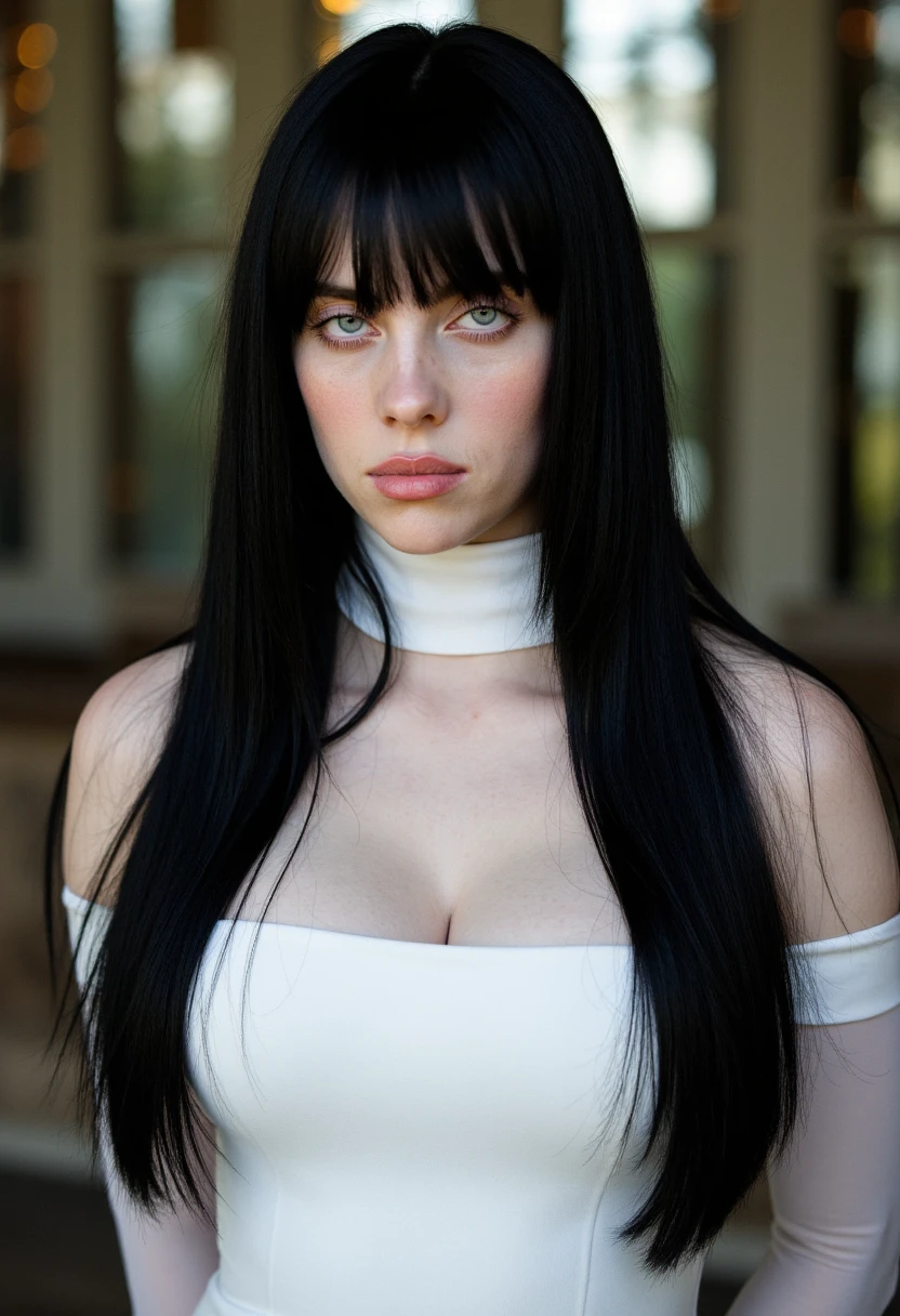 hyperrealistic photo of (billie eilish with long black hair) wearing a white high-neck dress captured with a Canon EOS 90D in stunning high resolution, by Greg Rutkowski
