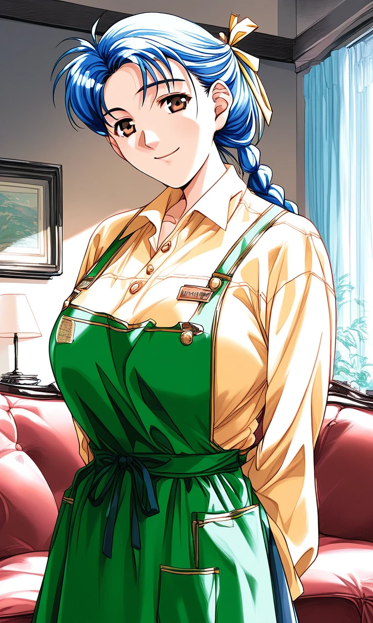 score_9, score_8_up, score_7_up, source_anime, rating_explicit, BREAK  <lora:Narusawa_Misako_XL:1> NarusawaMisako, blue hair, short hair, brown eyes, large breasts,
1girl, solo, green apron, braid, skirt, looking at viewer, shirt,  Yellow long sleeves, hair ribbon, ribbon, smile,ãarms behind backâ,
indoors, couch, shirt, looking at viewer,  long sleeves, skirt, smile, collared shirt