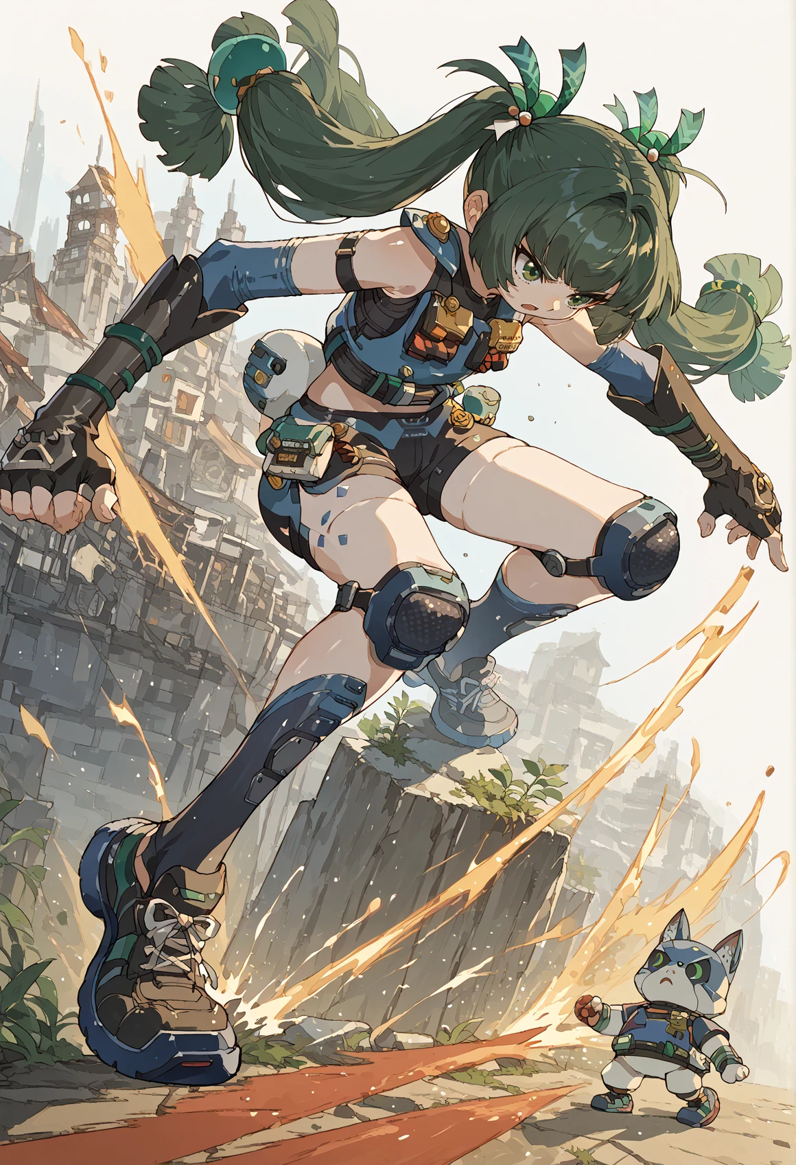 1girl, very long hair, green hair, green eyes, twintails, hair ornament, body markings, humanoid robot, robot joints, armor, load bearing vest, pouch, sleeveless, gauntlets, fingerless gloves, shorts, knee pads, kneehighs, fighting stance, chestnut mouth <lora:Qingyi_ZZZ:1> <lora:nakayama_tooru_XL:1>, score_9, score_8_up, score_7_up, score_6_up, score_5_up, score_4_up, BREAK source_anime, masterpiece