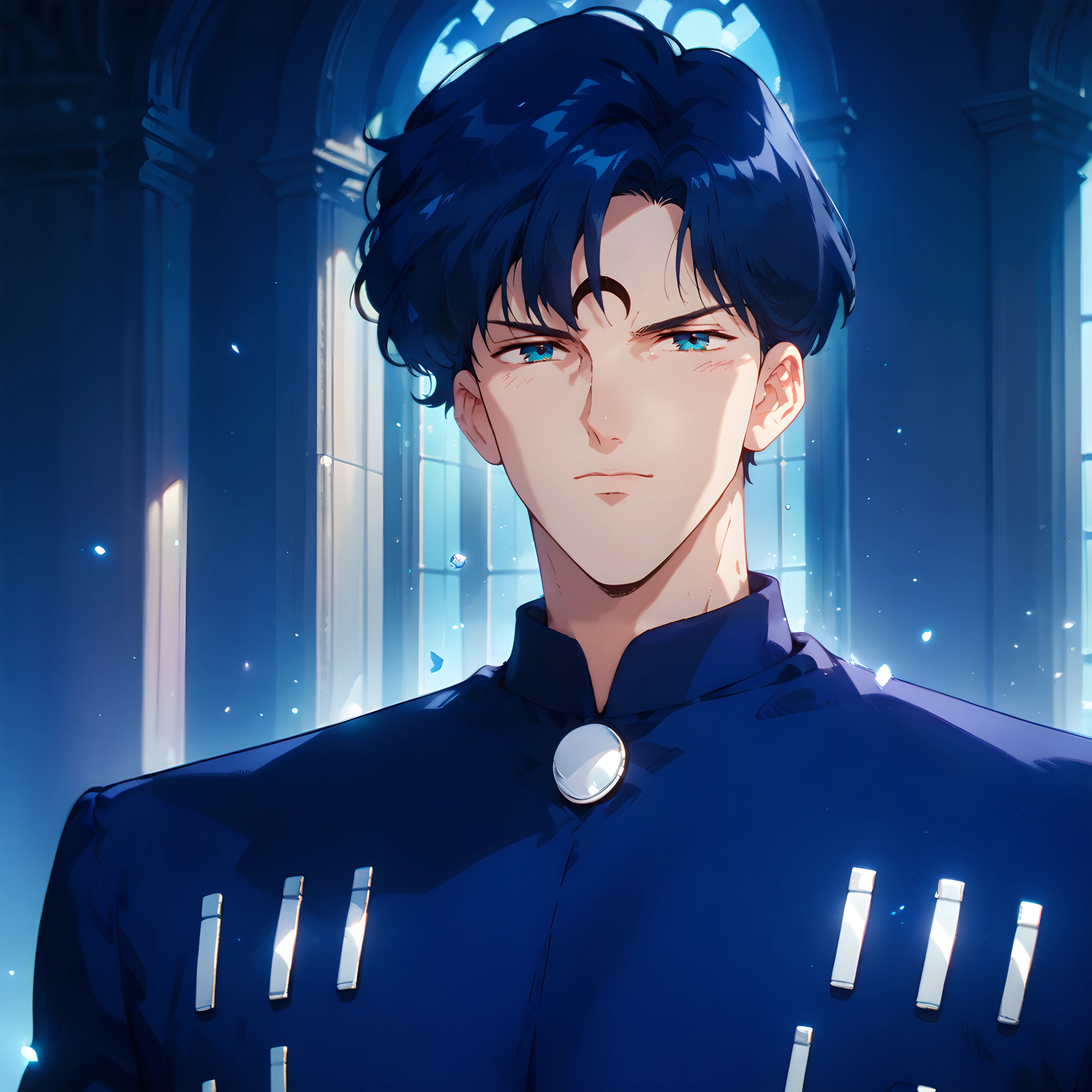 score_9, score_8_up, score_7_up, score_6_up, score_5_up, score_4_up, 1boy, male focus, <lora:Sapphire_Sailor_Moon:1> sapphire, blue hair, blue eyes, crescent facial mark, lots of details, best aesthetic, masterpiece, best quality, absurdres