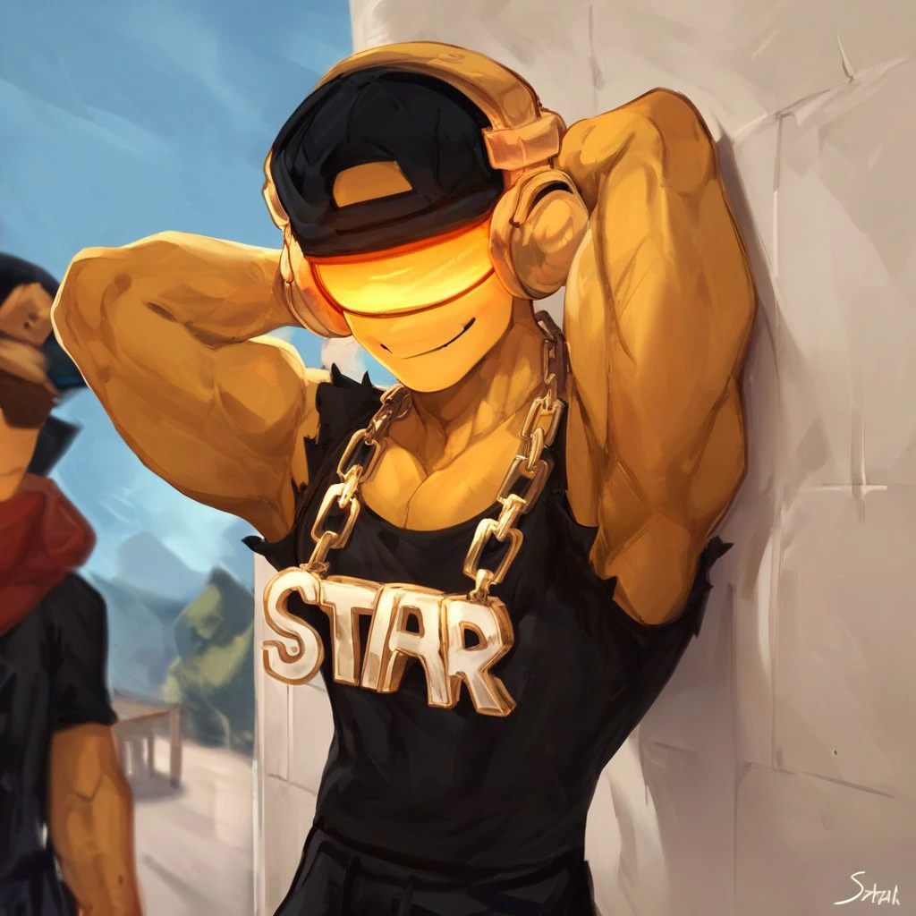 score_9, score_8_up, score_7_up, djTDS, ripped sleeveless shirt, neon orange visor, backwards cap, headphones, golden chain necklace, 1boy, male focus, muscular male, one arm behind head, leaning against wall, looking at viewer, grinning, smug, side view, outside background, blurry background,