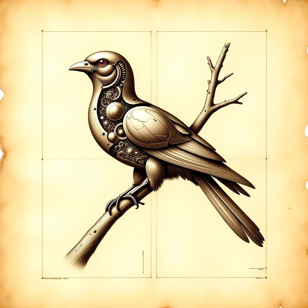 sepia (anatomysketch:1.2) of a (biomechanical:1.2) bird on a branch, highly detailed, leonardo da vinci sketch