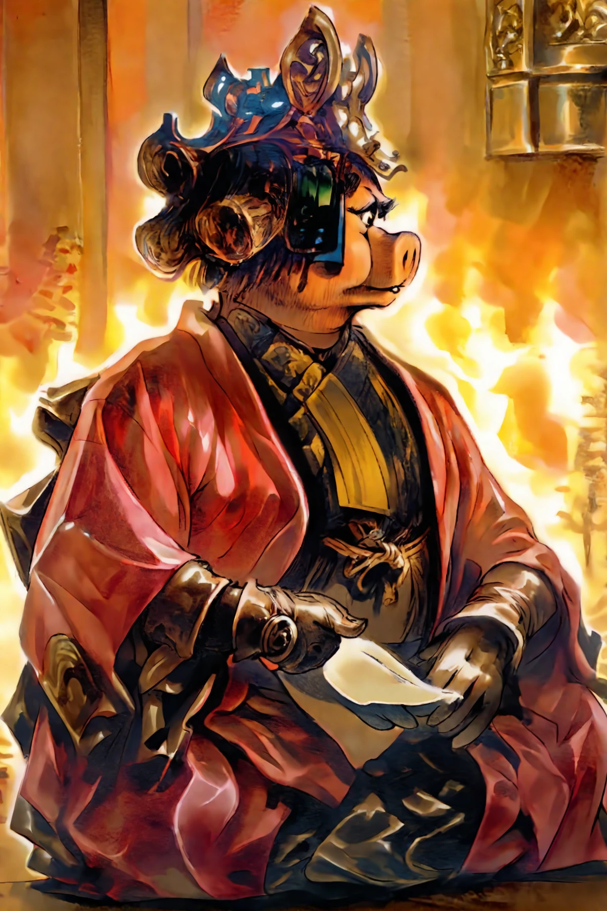 <lora:Mask-of-Fudo_pony_v1:1> fantasy art \(genre\),illustration \(style\),from "legends of the pierced veil: the mask of fudo" an illustration of  miss piggy wearing a kimono sitting near a fireplace <lora:Miss_Piggy_Pony:1> uncensored, gloves,, score_9, score_6_up, score_7_up